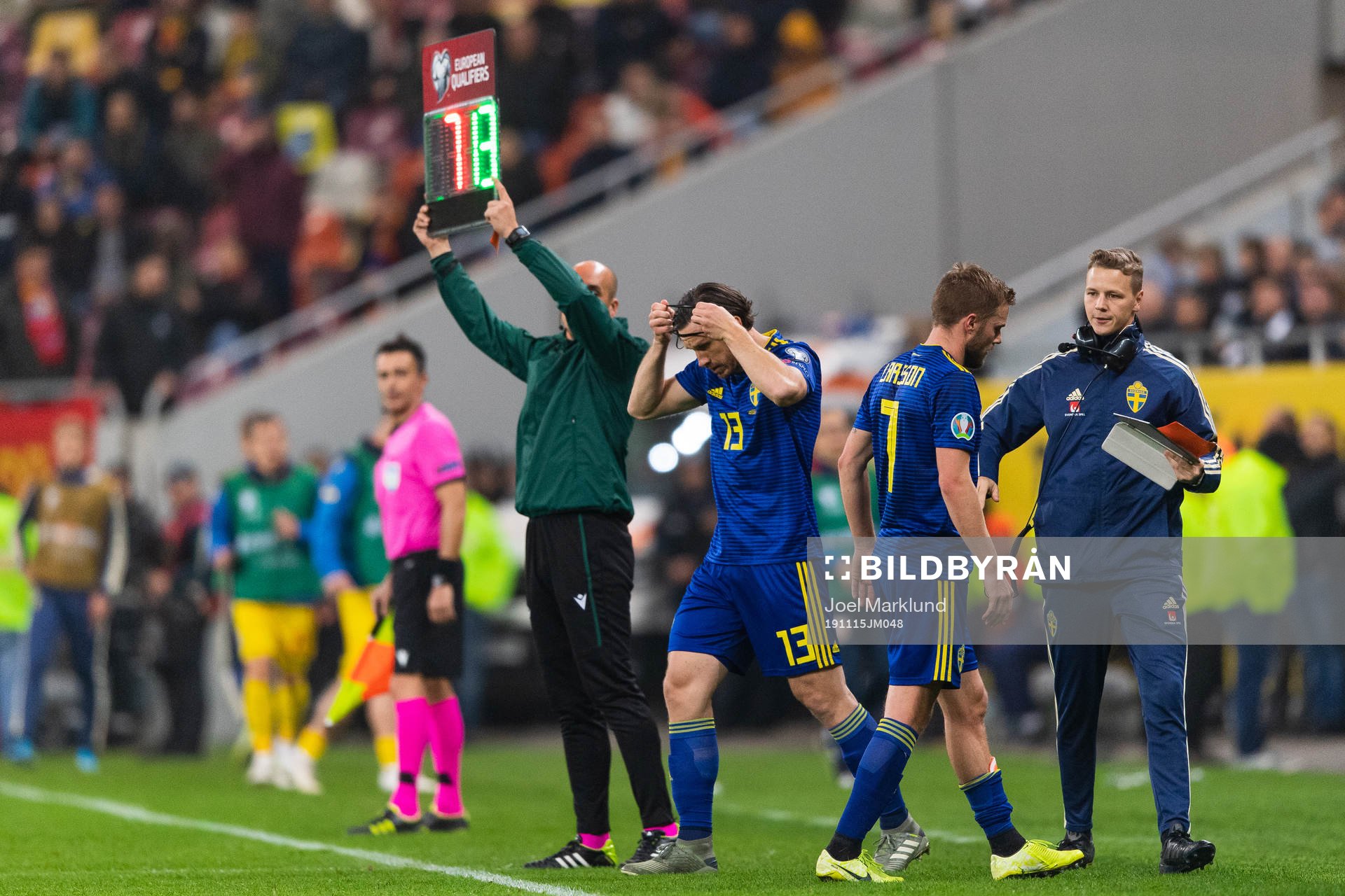 Gustav Svensson of Sweden enters the pitch for substituted