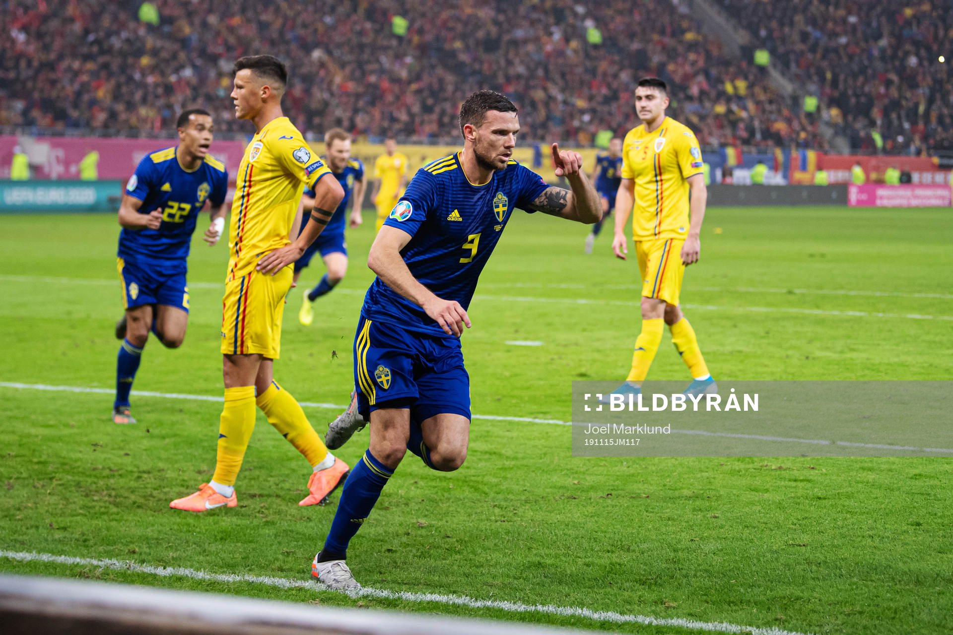 Marcus Berg of Sweden celebrates after scoring 0-1 during the UEFA Euro Qualifier football match between Romania and Sweden on November 15, 2019 in Bucharest.
