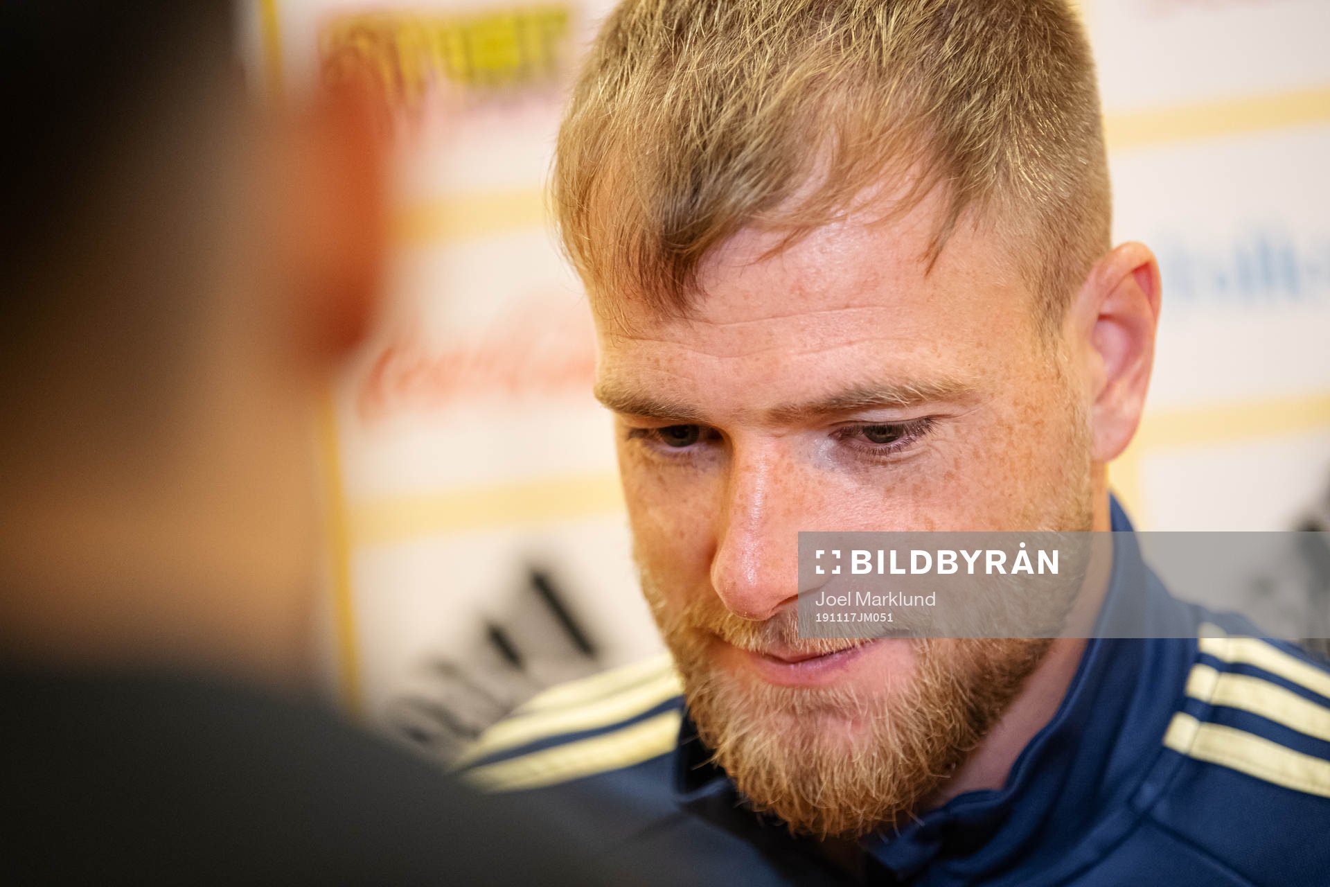 John Guidetti of the Swedish national football team during a mixed zone session on November 17, 2019 in Stockholm.