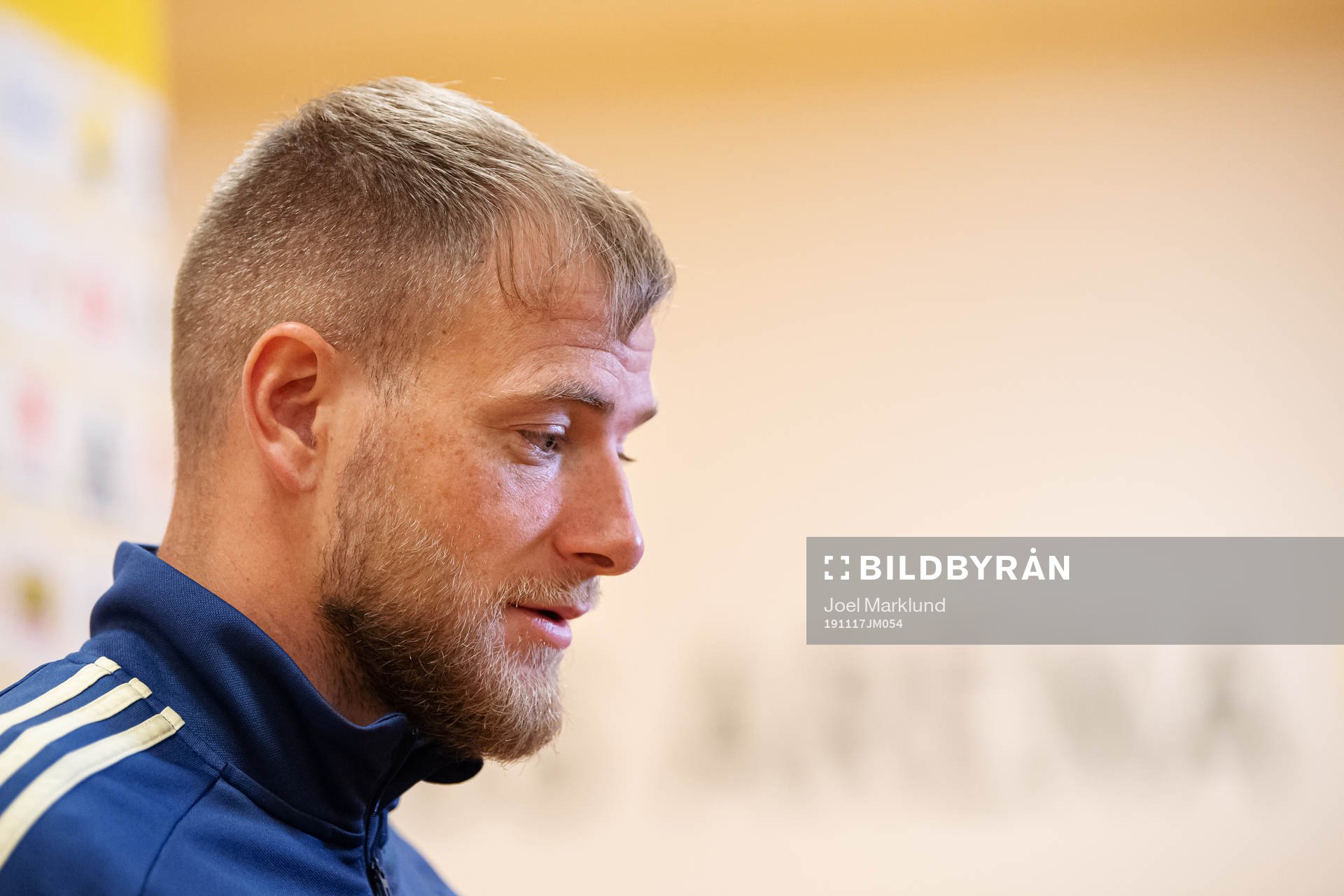 John Guidetti of the Swedish national football team during a mixed zone session on November 17, 2019 in Stockholm.