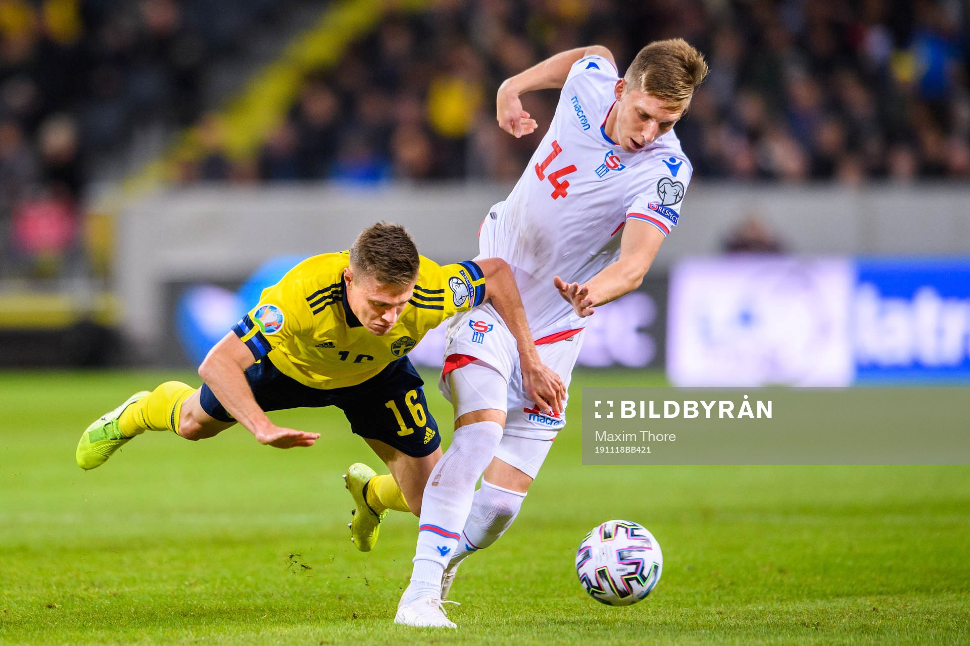 Mattias Svanberg of Sweden and Joan Edmundsson of Faroe Islands during the UEFA Euro Qualifier football match between Sweden and Faroe Islands on November 18, 2019 in Stockholm.