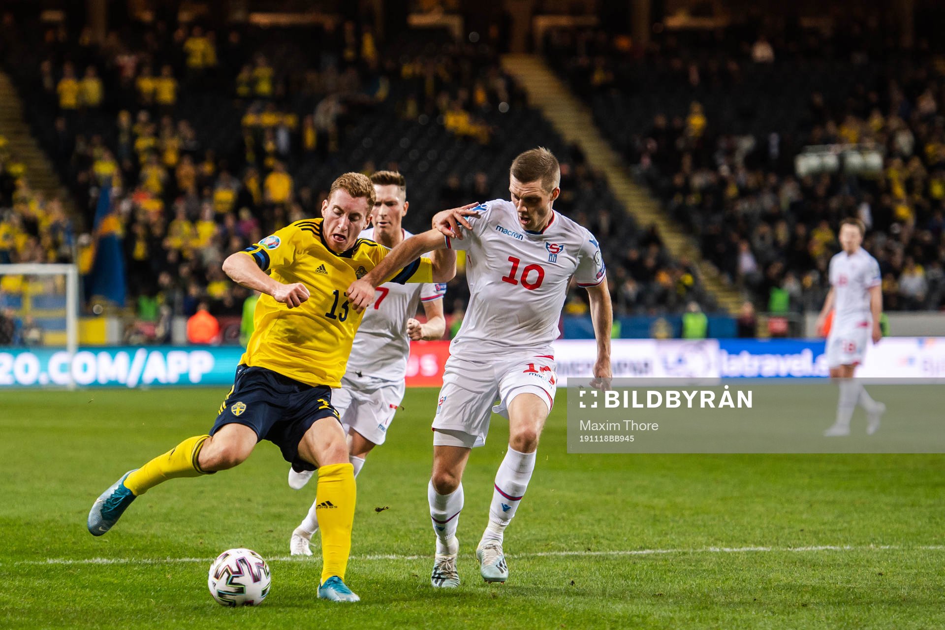Dejan Kulusevski of Sweden and Solvi Vatnhamar of Faroe