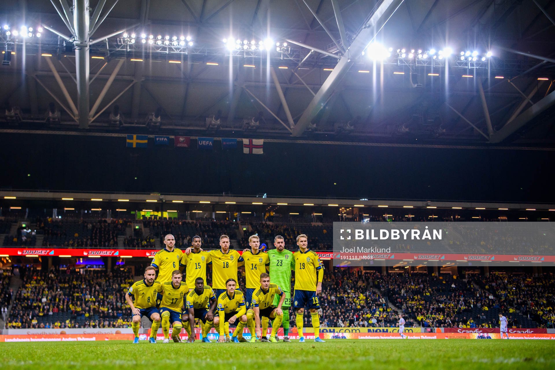 Starting eleven of Sweden, top row from the left Marcus Danielson, Alexander Isak, Pontus Jansson, Filip Helander, goalkeeper Kristoffer Nordfeldt and Sebastian Andersson. Bottom row from left Muamer Tankovic, Riccardo Gagliolo, Ken Sema, Kristoffer Olsson and Mattias Svanberg pose for a team group photo ahead of the UEFA Euro Qualifier football match between Sweden and Faroe Islands on November 18, 2019 in Stockholm.