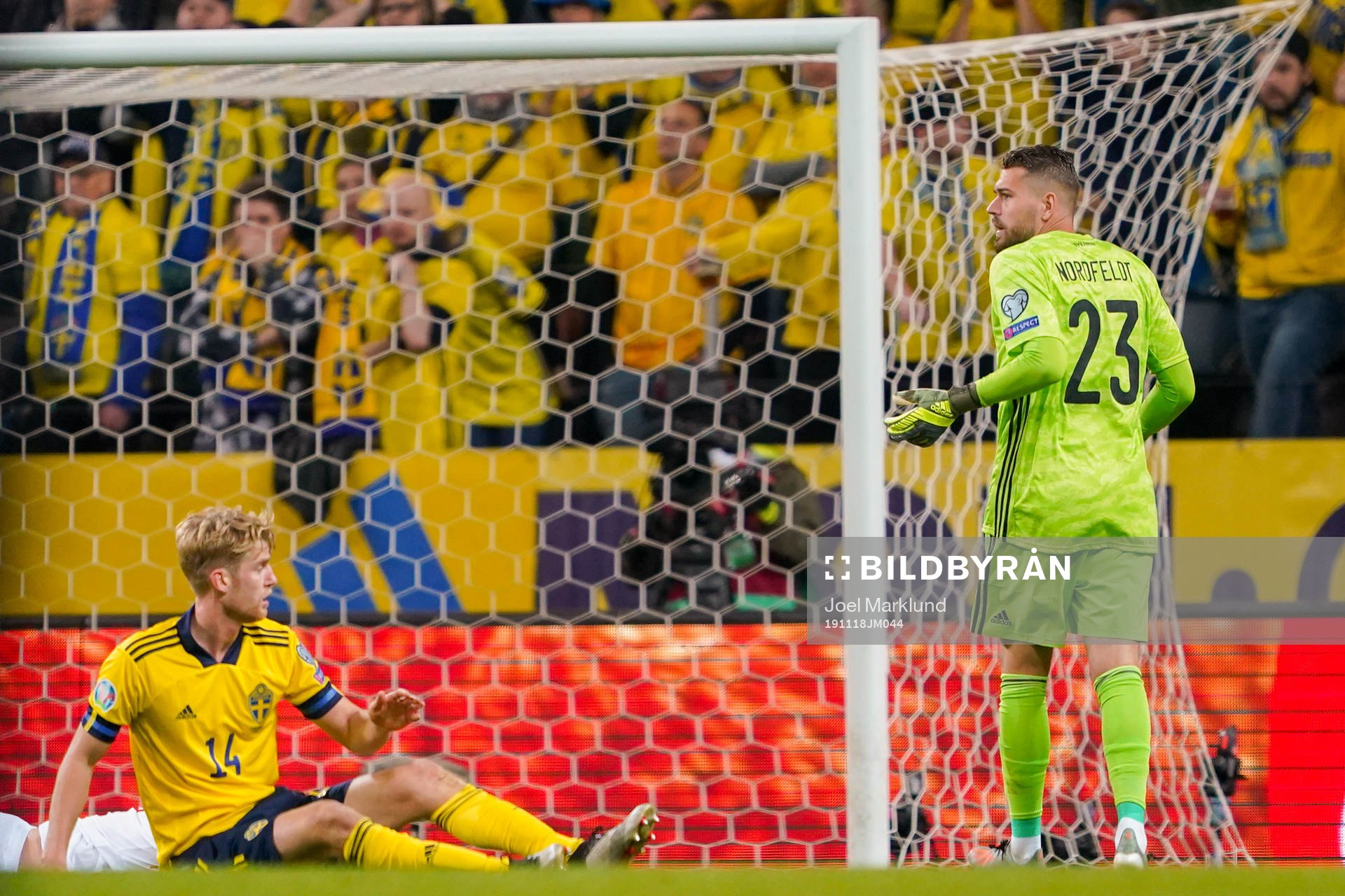 Filip Helander and goalkeeper Kristoffer Nordfeldt of Sweden