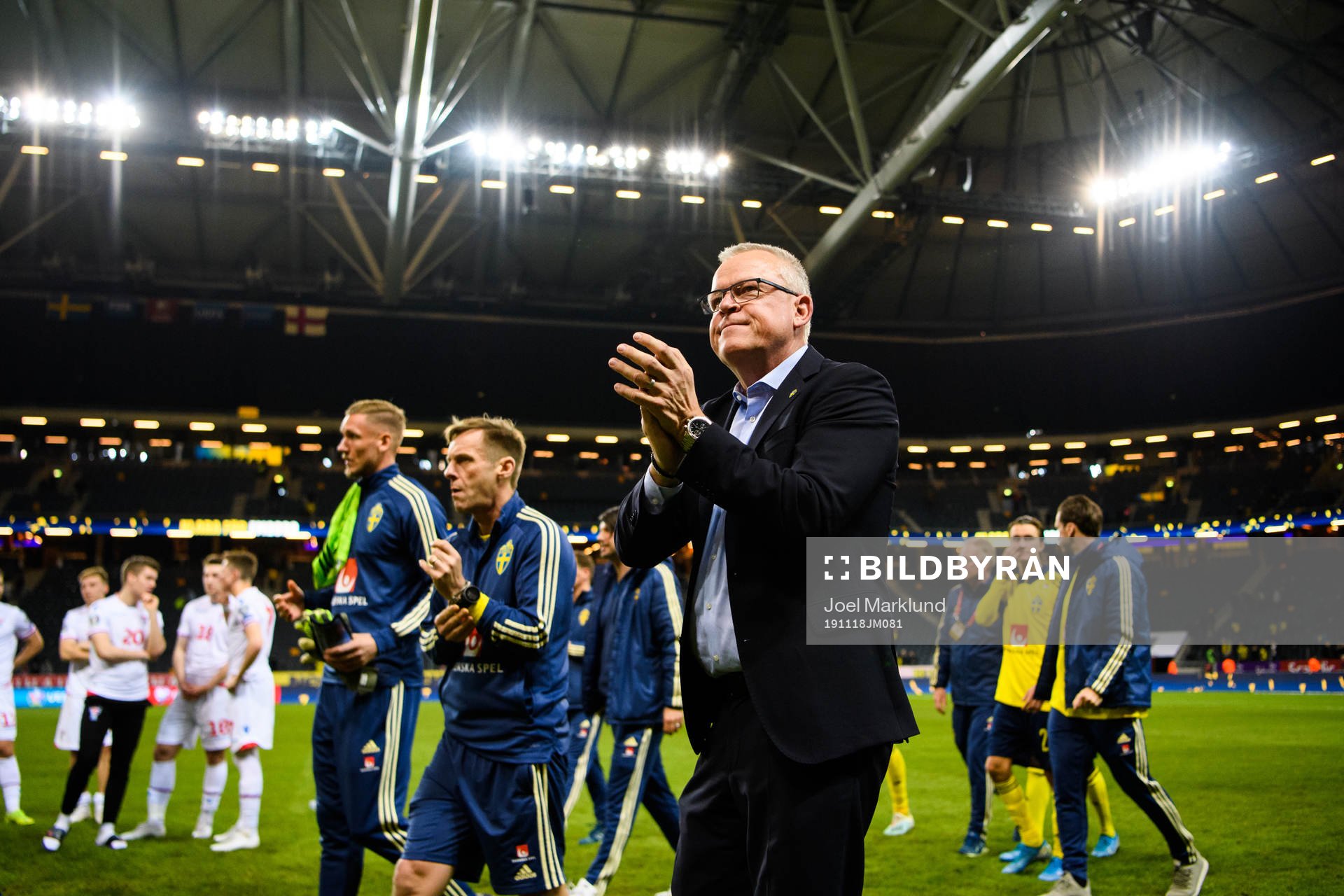 Janne Andersson, head coach of Sweden celebrates after the UEFA Euro Qualifier football match between Sweden and Faroe Islands on November 18, 2019 in Stockholm.