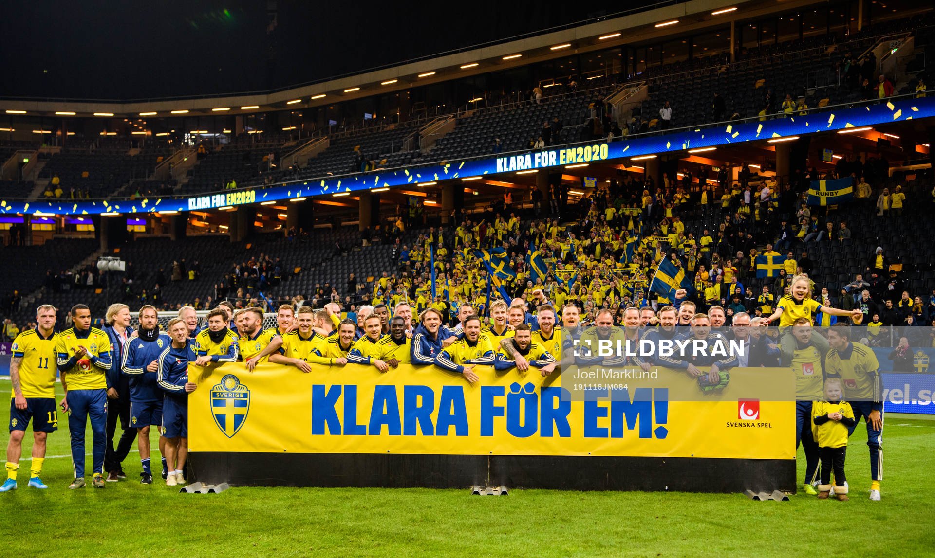 Players of Sweden celebrate after the UEFA Euro Qualifier football match between Sweden and Faroe Islands on November 18, 2019 in Stockholm.