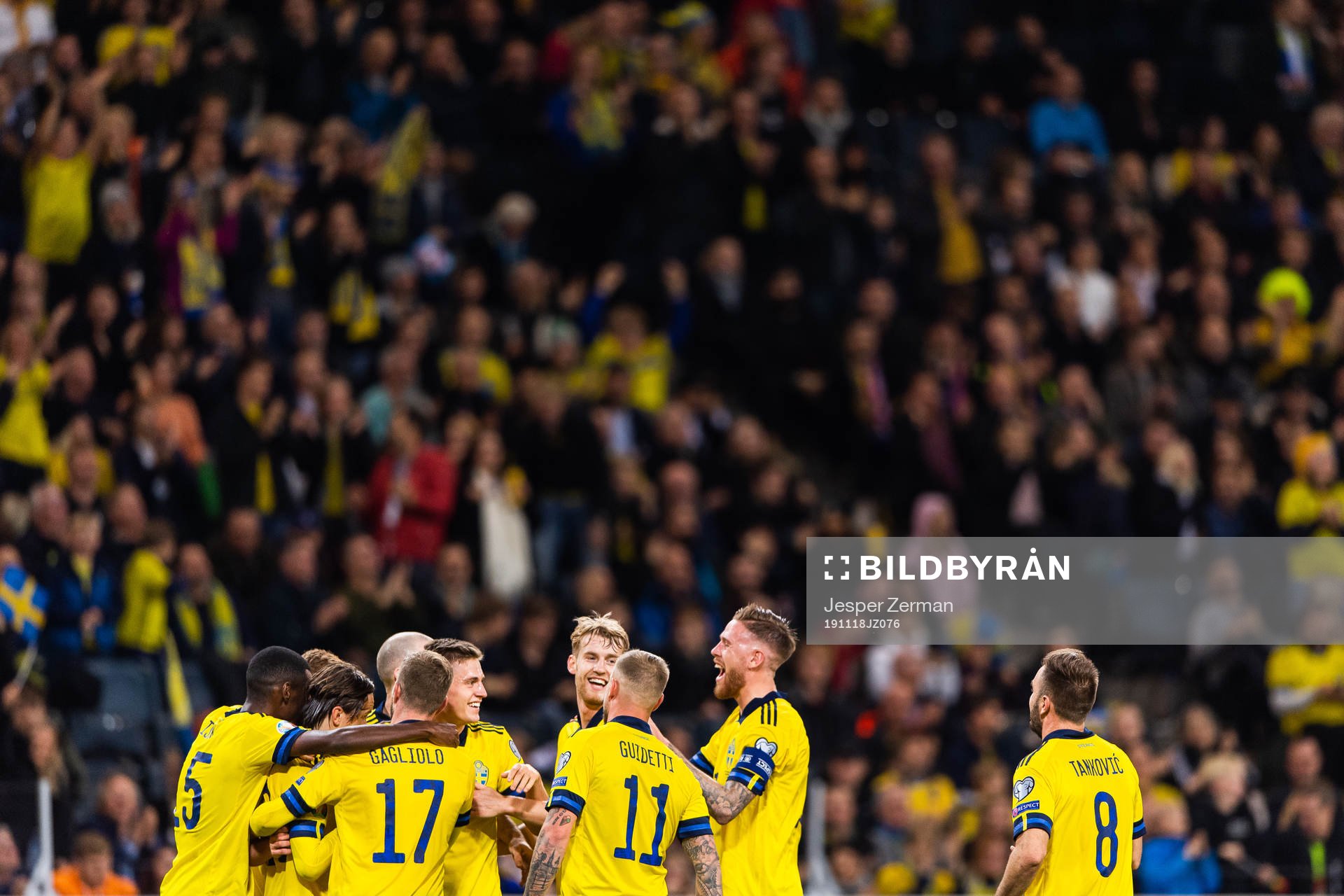 Mattias Svanberg of Sweden celebrates with Alexander Isak, Riccardo Gagliolo, Filip Helander, John Guidetti, Pontus Jansson and Muamer Tankovic after scoring 2-0 during the UEFA Euro Qualifier football match between Sweden and Faroe Islands on November 18, 2019 in Stockholm.