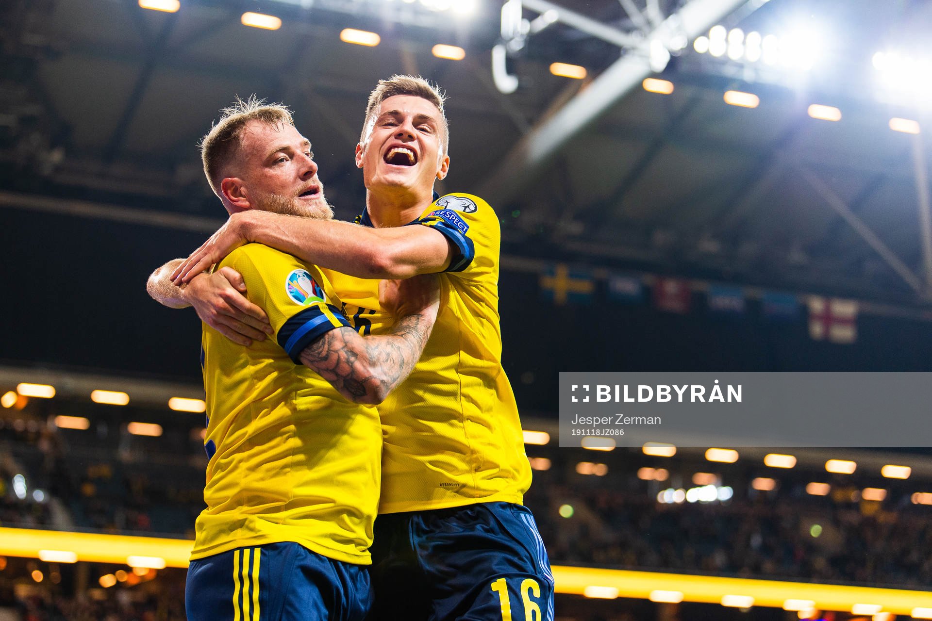 John Guidetti of Sweden celebrates with Mattias Svanberg after scoring 3-0 during the UEFA Euro Qualifier football match between Sweden and Faroe Islands on November 18, 2019 in Stockholm.