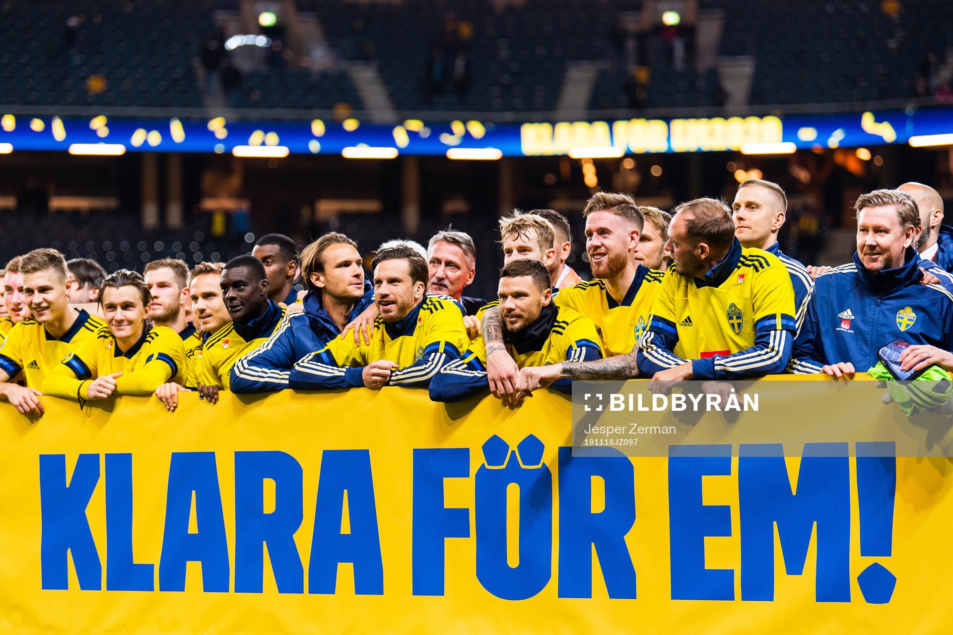 Players of Sweden celebrate after the UEFA Euro Qualifier football match between Sweden and Faroe Islands on November 18, 2019 in Stockholm.