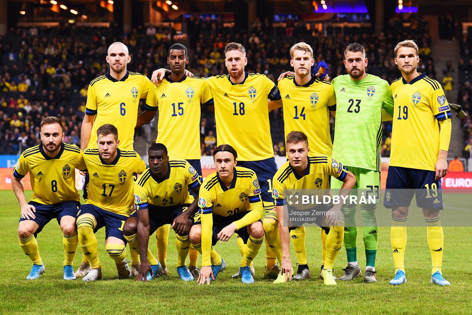 The starting eleven of Sweden, from the top left, Marcus Danielson, Alexander Isak, Pontus Jansson, Filip Helander, goalkeeper Kristoffer Nordfeldt, Sebastian Andersson, Muamer Tankovic, Riccardo Gagliolo, Kristoffer Olsson and Mattias Svanberg pose for a team photo ahead of the UEFA Euro Qualifier football match between Sweden and Faroe Islands on November 18, 2019 in Stockholm.