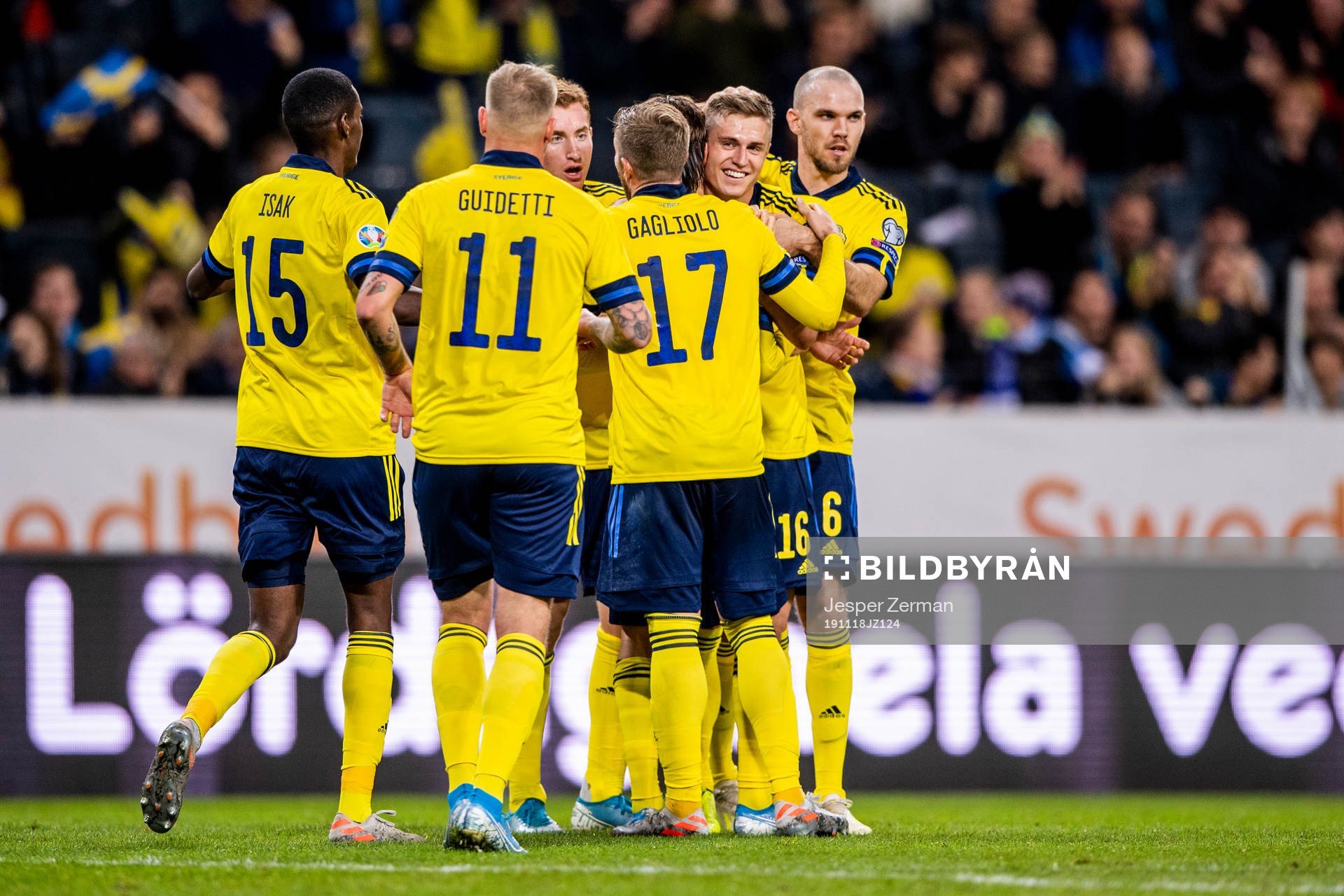 Alexander Isak, John Guidetti, Dejan Kulusekvski, Riccardo Gagliolo, Mattias Svanberg and Marcus Danielson of Sweden celebrates after Mattias Svanberg's 2-0 goal during the UEFA Euro Qualifier football match between Sweden and Faroe Islands on November 18, 2019 in Stockholm.