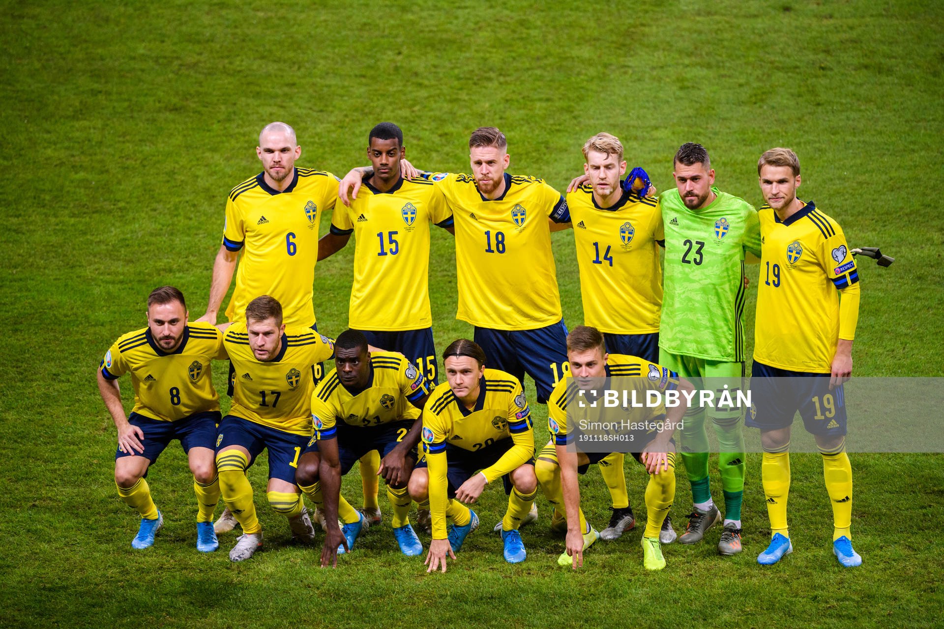 Starting eleven of Sweden, top row from the left Marcus Danielson, Alexander Isak, Pontus Jansson, Filip Helander, goalkeeper Kristoffer Nordfeldt and Sebastian Andersson. Bottom row from left Muamer Tankovic, Riccardo Gagliolo, Ken Sema, Kristoffer Olsson and Mattias Svanberg pose for a team group photo ahead of the UEFA Euro Qualifier football match between Sweden and Faroe Islands on November 18, 2019 in Stockholm.