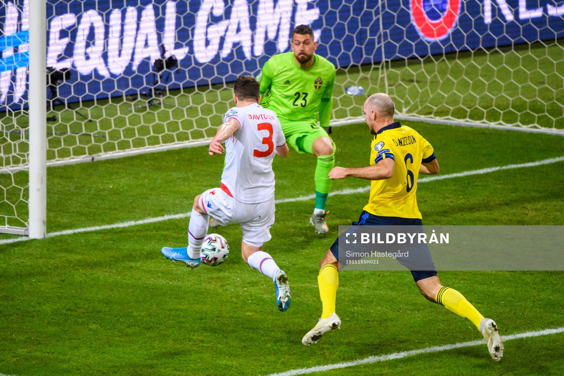 Viljormur Davidsen of Faroe Islands against goalkeeper