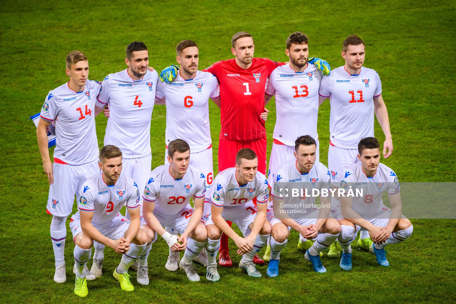 Starting eleven of Faroe Islands, top row from the left Joan Edmundsson, Atli Gregersen, Heini Vatnsdal, goalkeeper Gunnar Nielsen, Rogvi Baldvinsson and Klaemint Olsen. Bottom row from left Gilli Rólantsson, Joannes Bjartalid, Solvi Vatnhamar, Viljormur Davidsen and Brandur Hendriksson Olsen pose for a team group photo ahead of the UEFA Euro Qualifier football match between Sweden and Faroe Islands on November 18, 2019 in Stockholm.