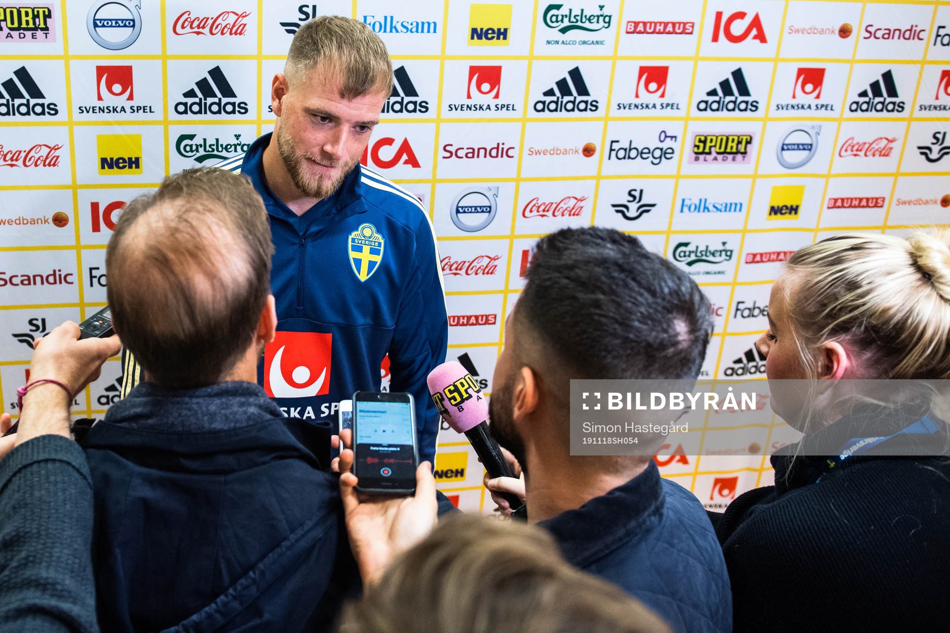 John Guidetti of Sweden in the mixed zone after the UEFA Euro Qualifier football match between Sweden and Faroe Islands on November 18, 2019 in Stockholm.