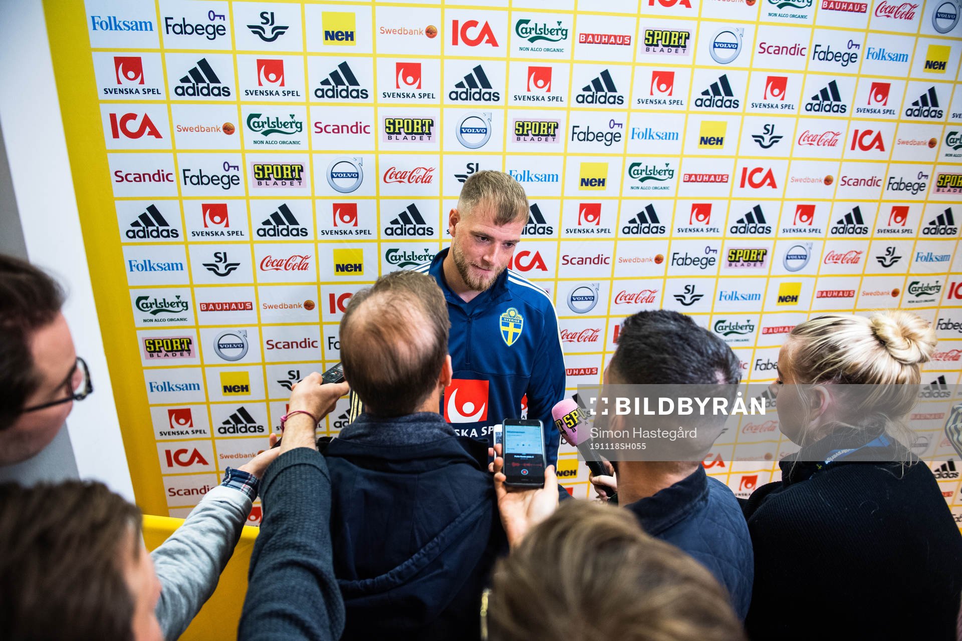 John Guidetti of Sweden in the mixed zone after the UEFA Euro Qualifier football match between Sweden and Faroe Islands on November 18, 2019 in Stockholm.