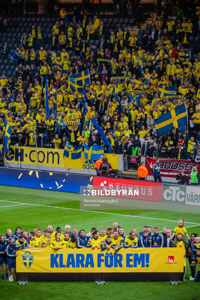 Players and staff of Sweden celebrate with fans