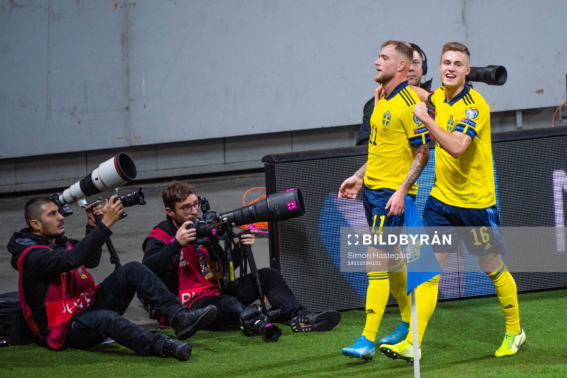 John Guidetti and Mattias Svanberg of Sweden celebrate the 3-0 goal during the UEFA Euro Qualifier football match between Sweden and Faroe Islands on November 18, 2019 in Stockholm.