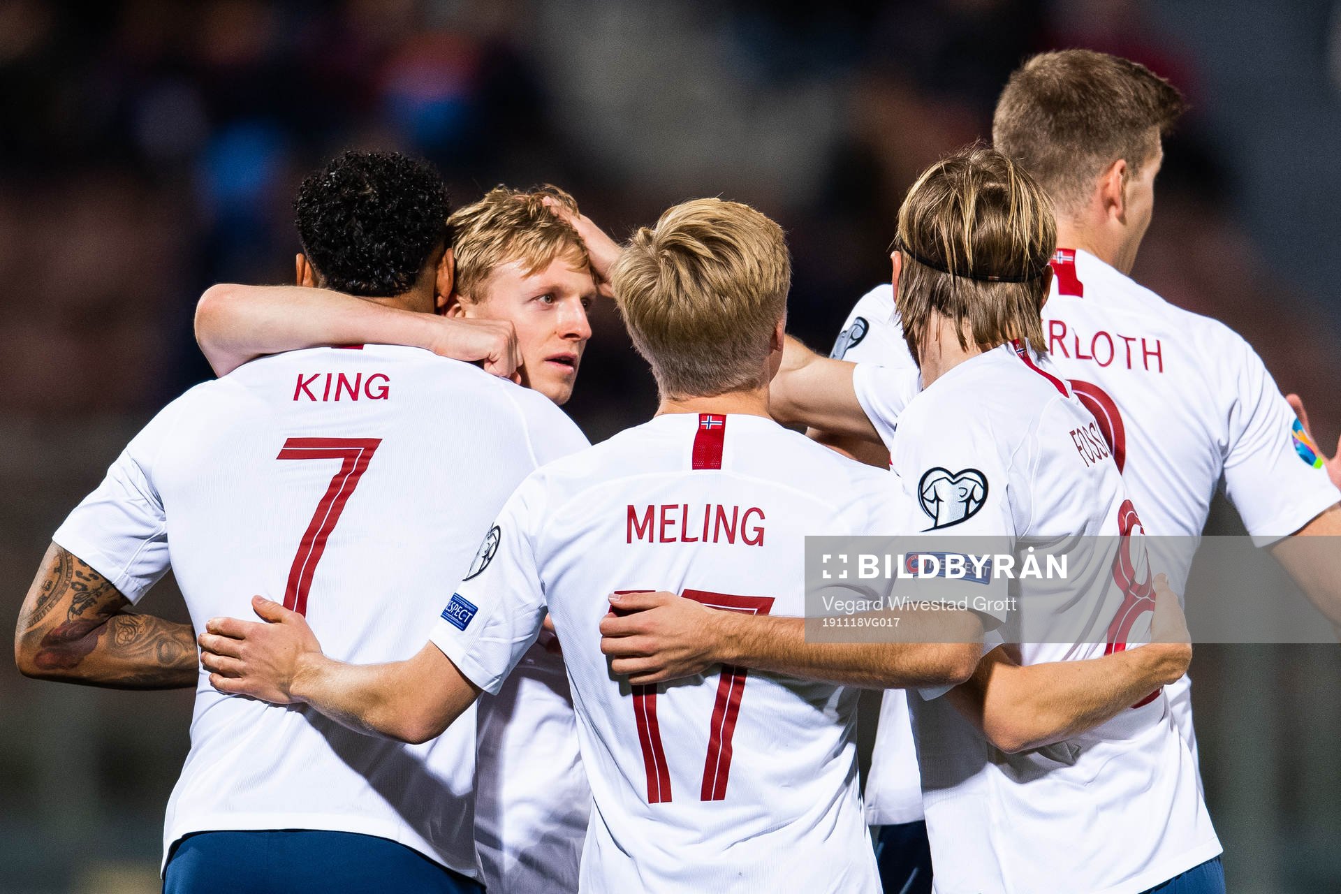 Joshua King of Norway celebrates with team mates after scoring 0-1 during the UEFA Euro Qualifier football match between Malta and Norway on November 18, 2019 in Ta'Qali.