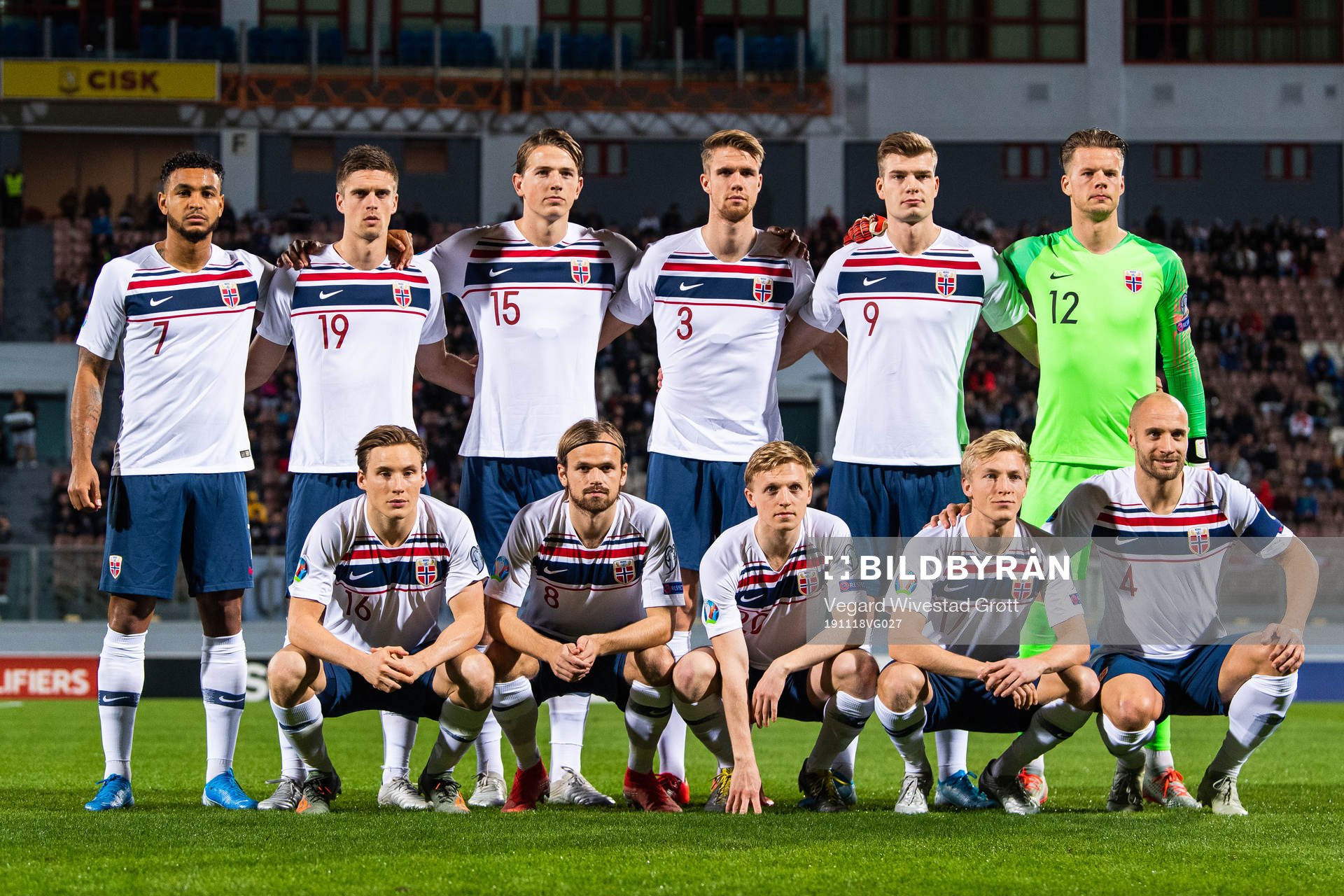 The starting eleven of Norway, from the top left, Joshua King, Markus Henriksen, Sander Berge, Kristoffer Ajer, Alexander Sørloth, goalkeeper Ørjan Nyland, Jonas Svensson, Iver Fossum, Mats Møller Dæhli, Birger Meling and Tore Reginiussen of Norway pose fpr a team photo ahead of during the UEFA Euro Qualifier football match between Malta and Norway on November 18, 2019 in Ta'Qali.