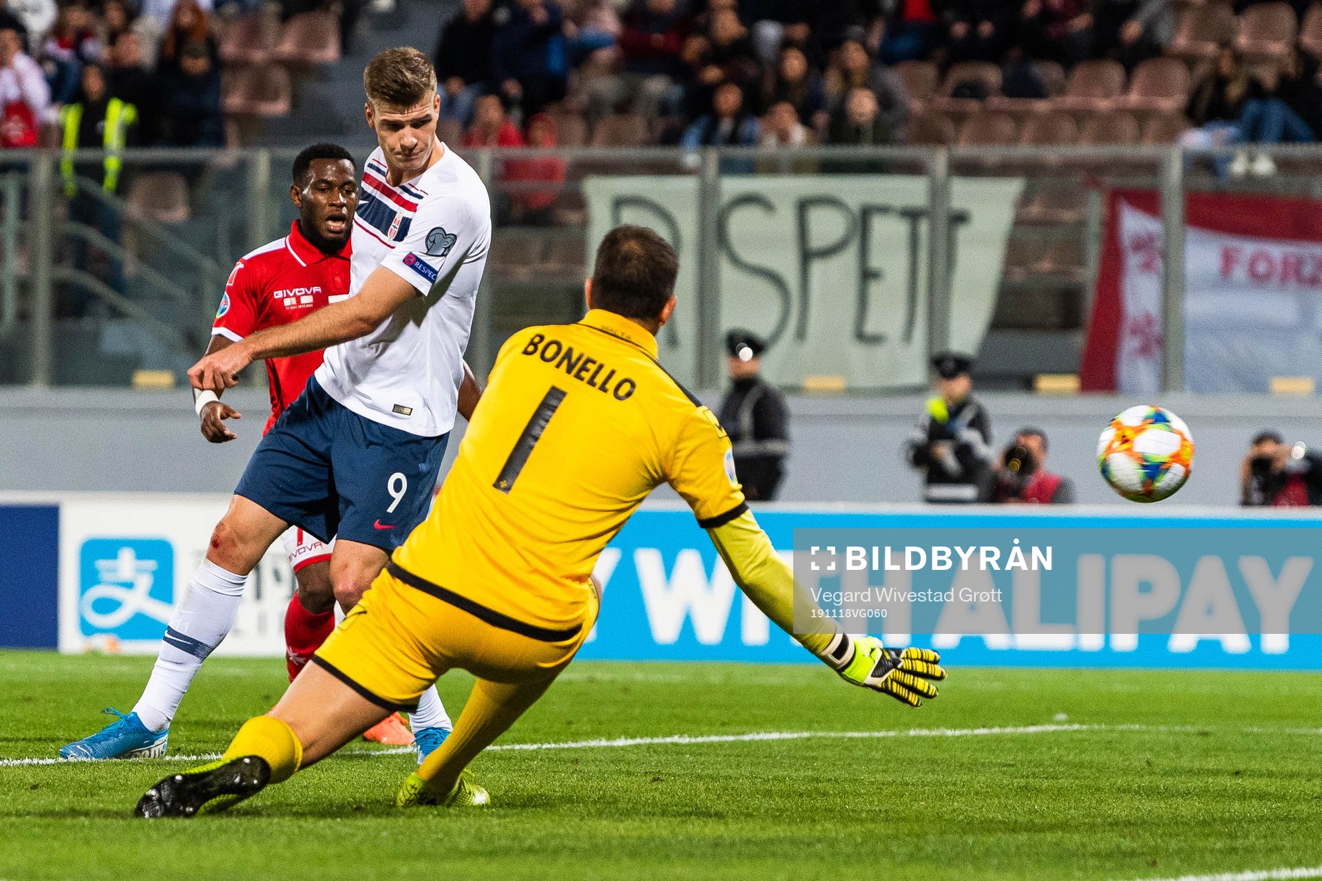 Alexander Sørloth of Norway scores 1-2 behind goalkeeper