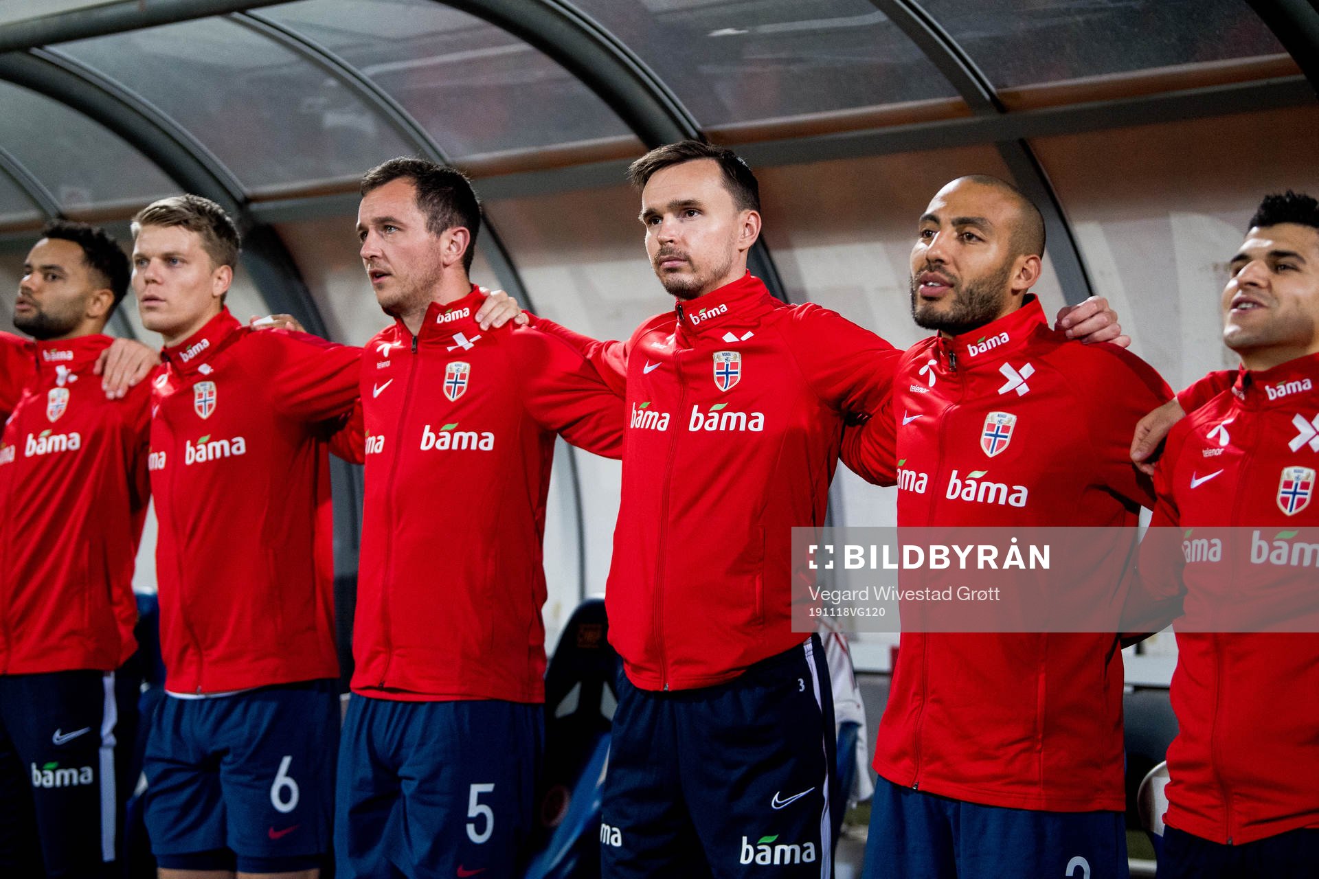 Sigurd Rosted, Even Hovland, Ole Kristian Selnæs, Haitam Aleesami and Tarik Elyounoussi of Norway ahead of the UEFA Euro Qualifier football match between Malta and Norway on November 18, 2019 in Ta'Qali.