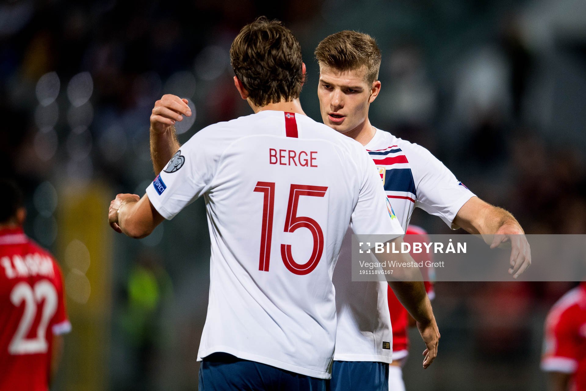 Alexander Sørloth of Norway celebrates with teammate
