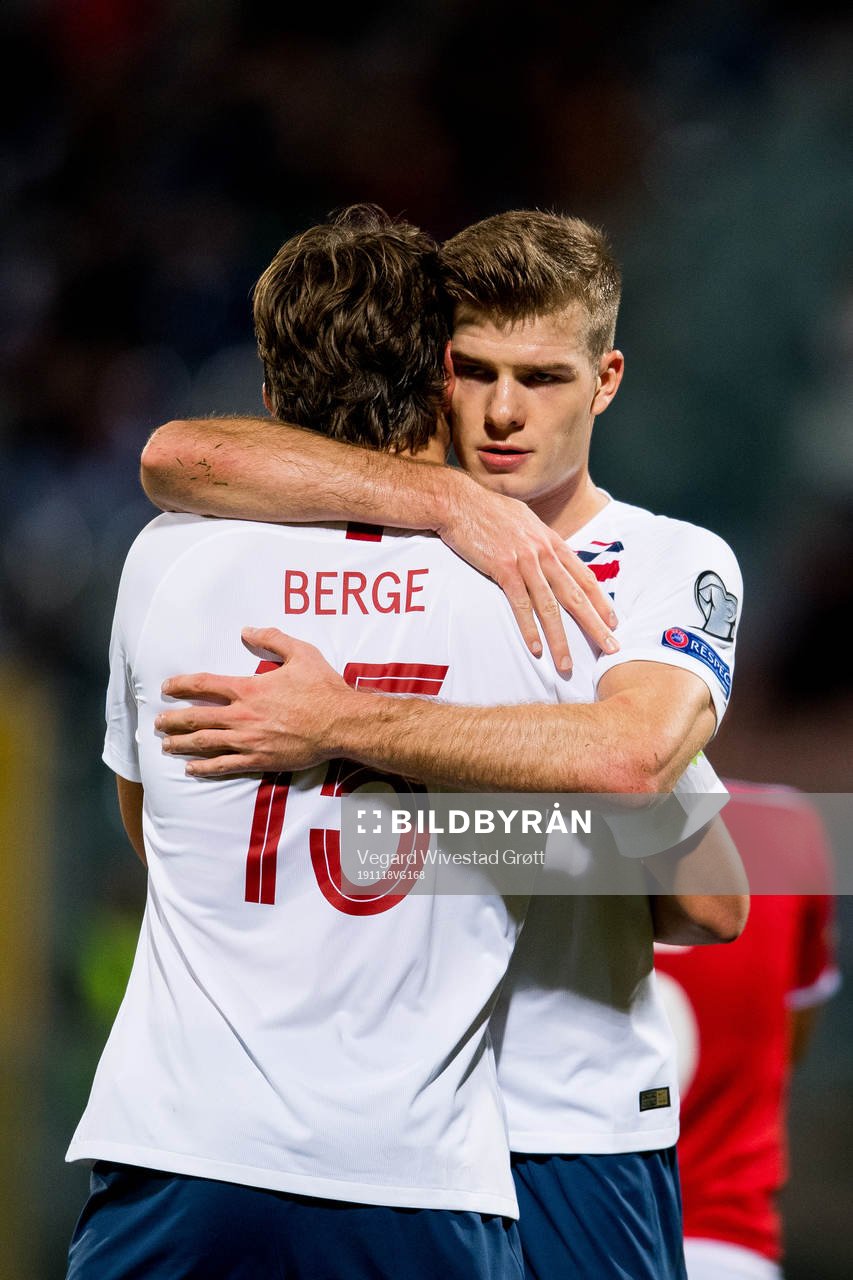 Alexander Sørloth of Norway celebrates with teammate Sander Berge after scoring 1-2 during the UEFA Euro Qualifier football match between Malta and Norway on November 18, 2019 in Ta'Qali.