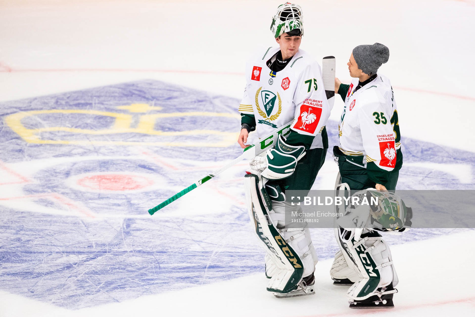 Goalkeepers Arvid Holm and Markus Svensson  of Färjestad