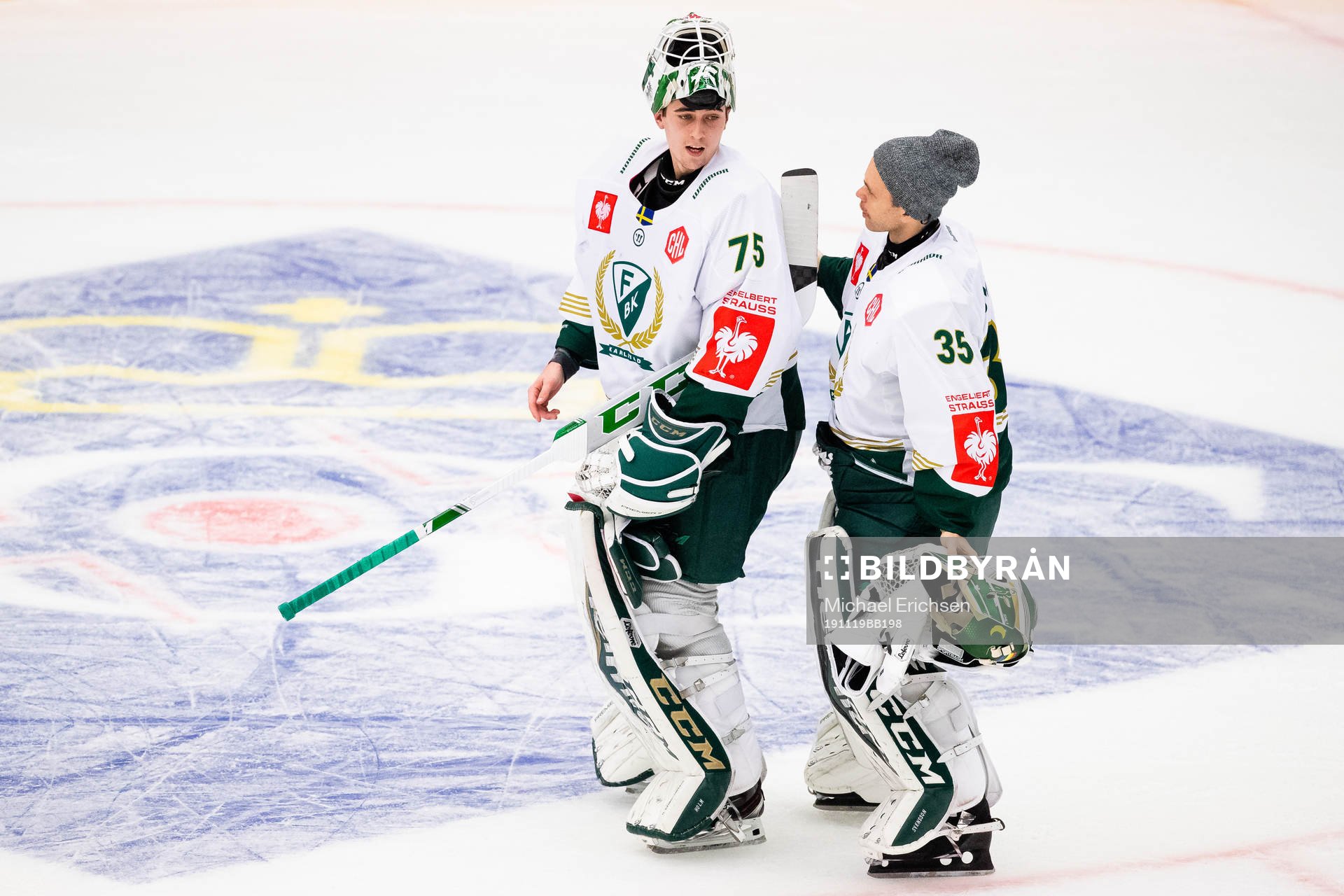 Goalkeepers Arvid Holm and Markus Svensson  of Färjestad