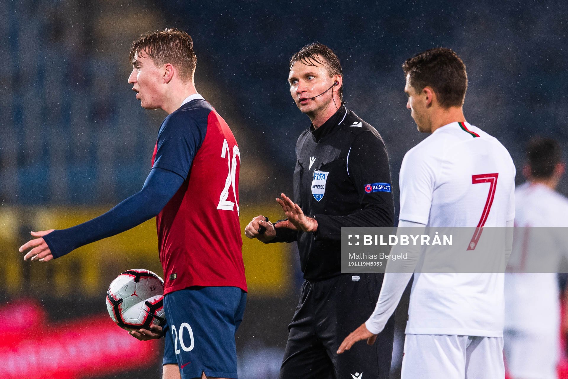 Kristian Thorstvedt of Norway reacts against referee Segei