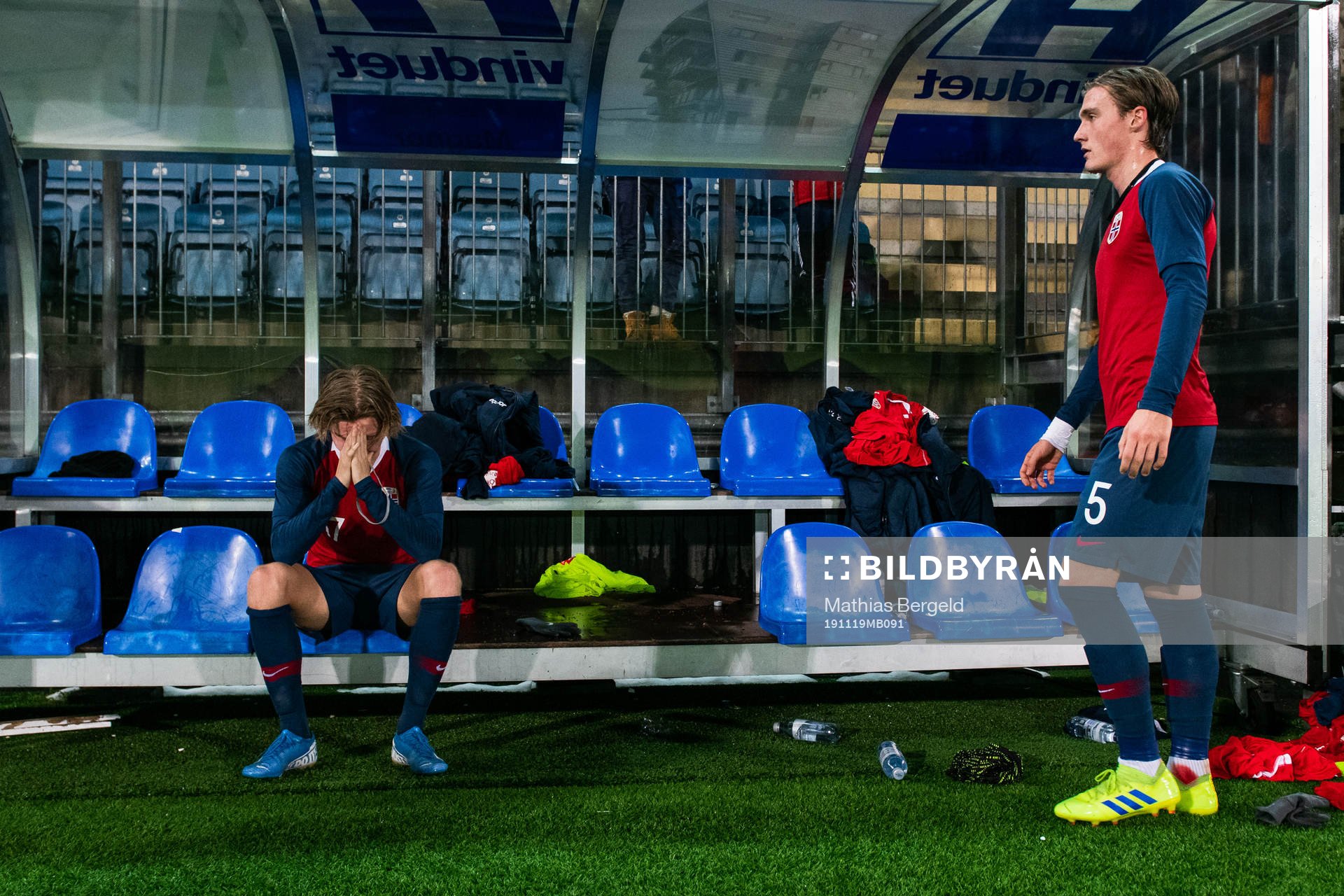 Jens Petter Hauge and Christian Borchgrevink of Norway looks dejected after the UEFA European Under-21 Qualifier football match between Norway and Portugal on November 19, 2019 in Drammen.