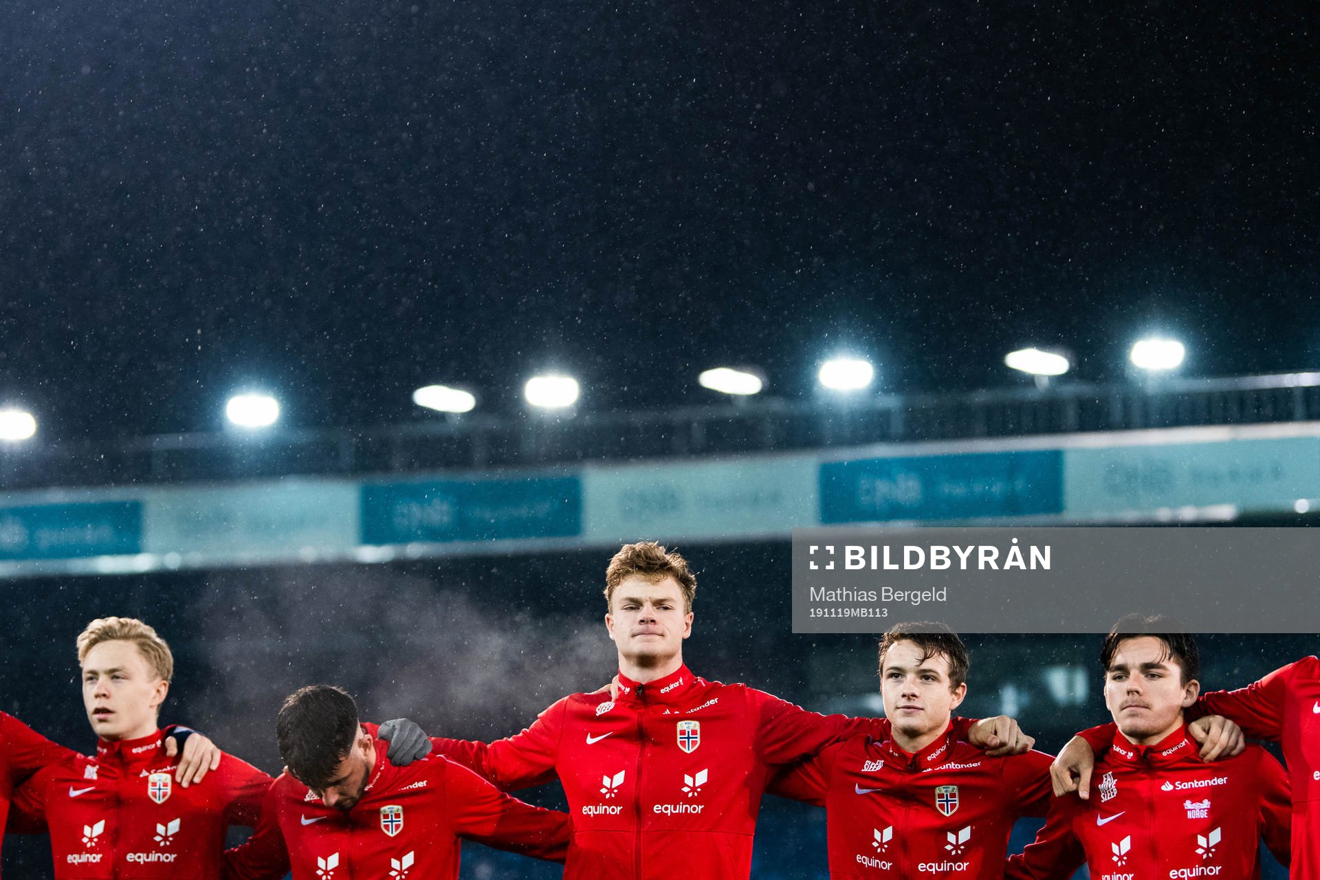 Ola Brynhildsen, Aron Leonard Dønnum, Ulrik Fredriksen, Håkon Evjen and Hugo Vetlesen of Norway during line up ahead of the UEFA European Under-21 Qualifier football match between Norway and Portugal on November 19, 2019 in Drammen.