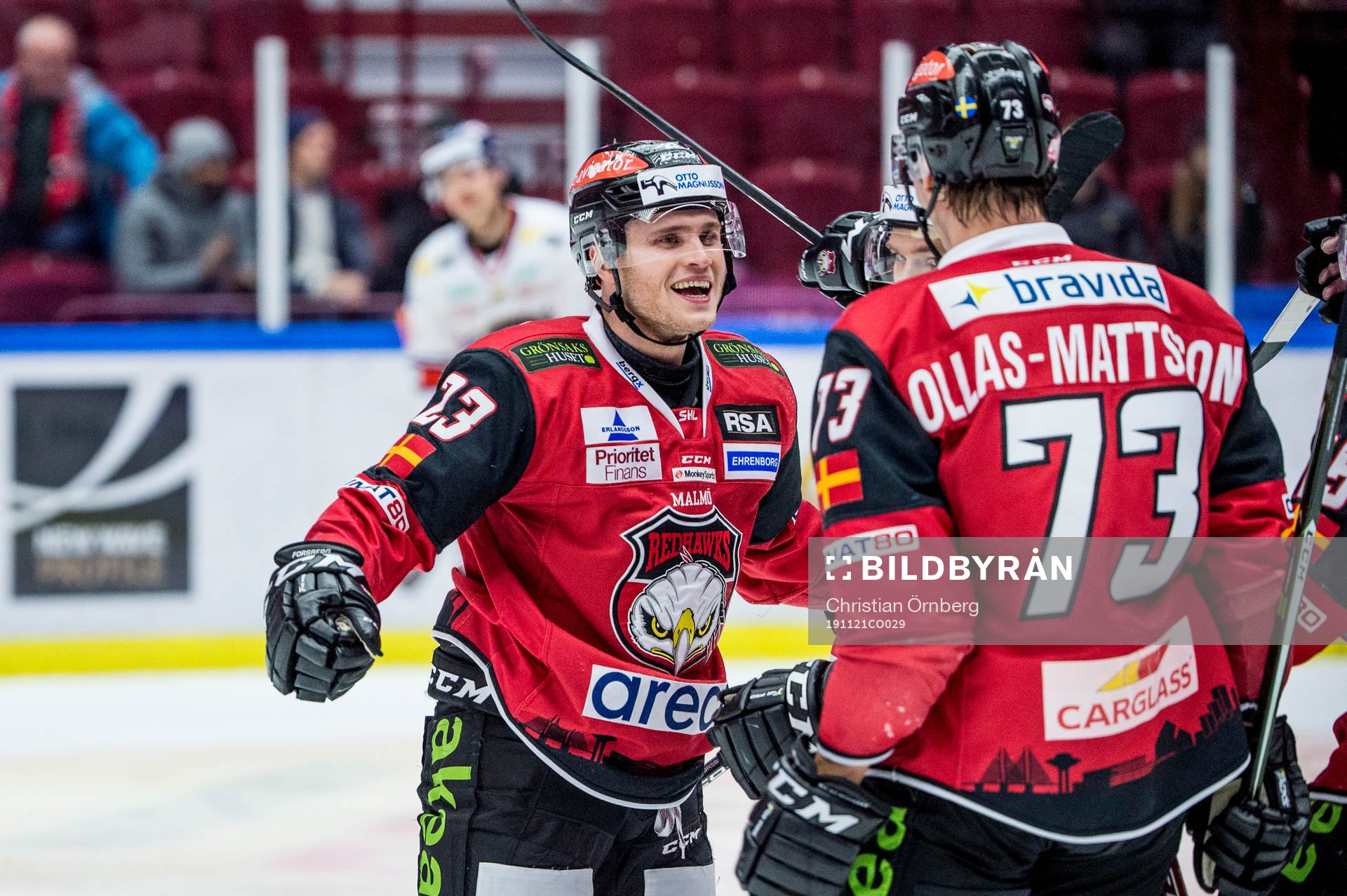 Malmö Redhawks Christoffer Forsberg jublar med Adam Ollas