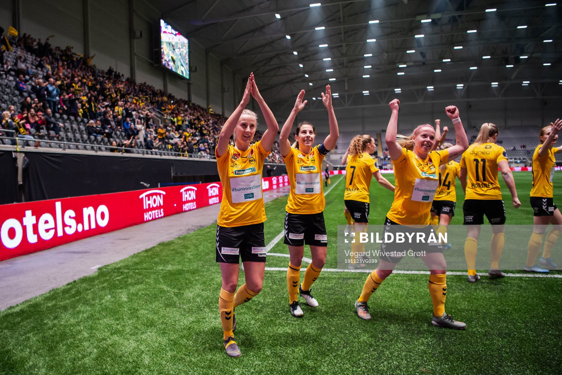Anja Sønstevold of LSK Kvinner celebrates with teammates Ingrid Moe Wold and Therese Sessy Åsland after scoring 5-1 during the women’s cup final between LSK Kvinner and Vålerenga on November 23, 2019 in Fornebu.