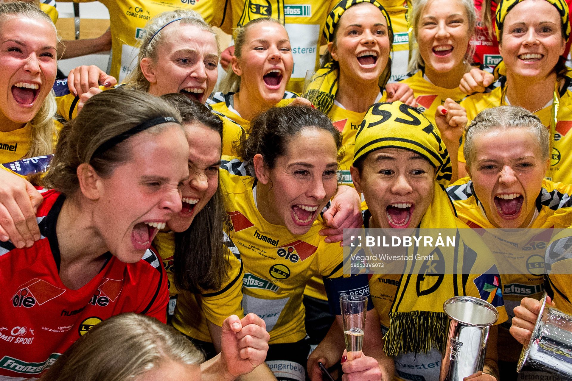Emilie Nautnes, goalkeeper Ida Norstrøm, Heidi Elisabeth Ellingsen, Ina Gausdal, Ingrid Moe Wold, Meryll Abrahamsen, Cathrine Dekkerhus and Emilie Marie Woldvik of LSK Kvinner celebrate in the dressing room after winning the women’s cup final between LSK Kvinner and Vålerenga on November 23, 2019 in Fornebu.