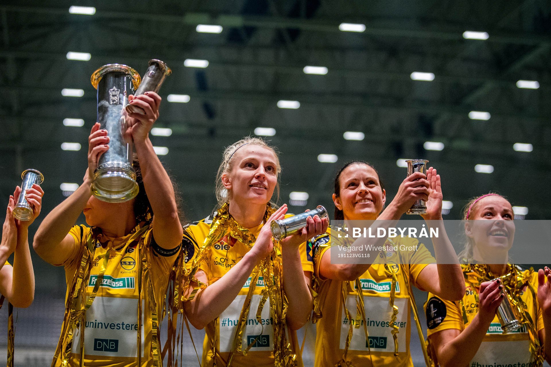 Ina Gausdal, Isabell Bachor and Therese Sessy Åsland of LSK Kvinner celebrate after winning the women’s cup final between LSK Kvinner and Vålerenga on November 23, 2019 in Fornebu.