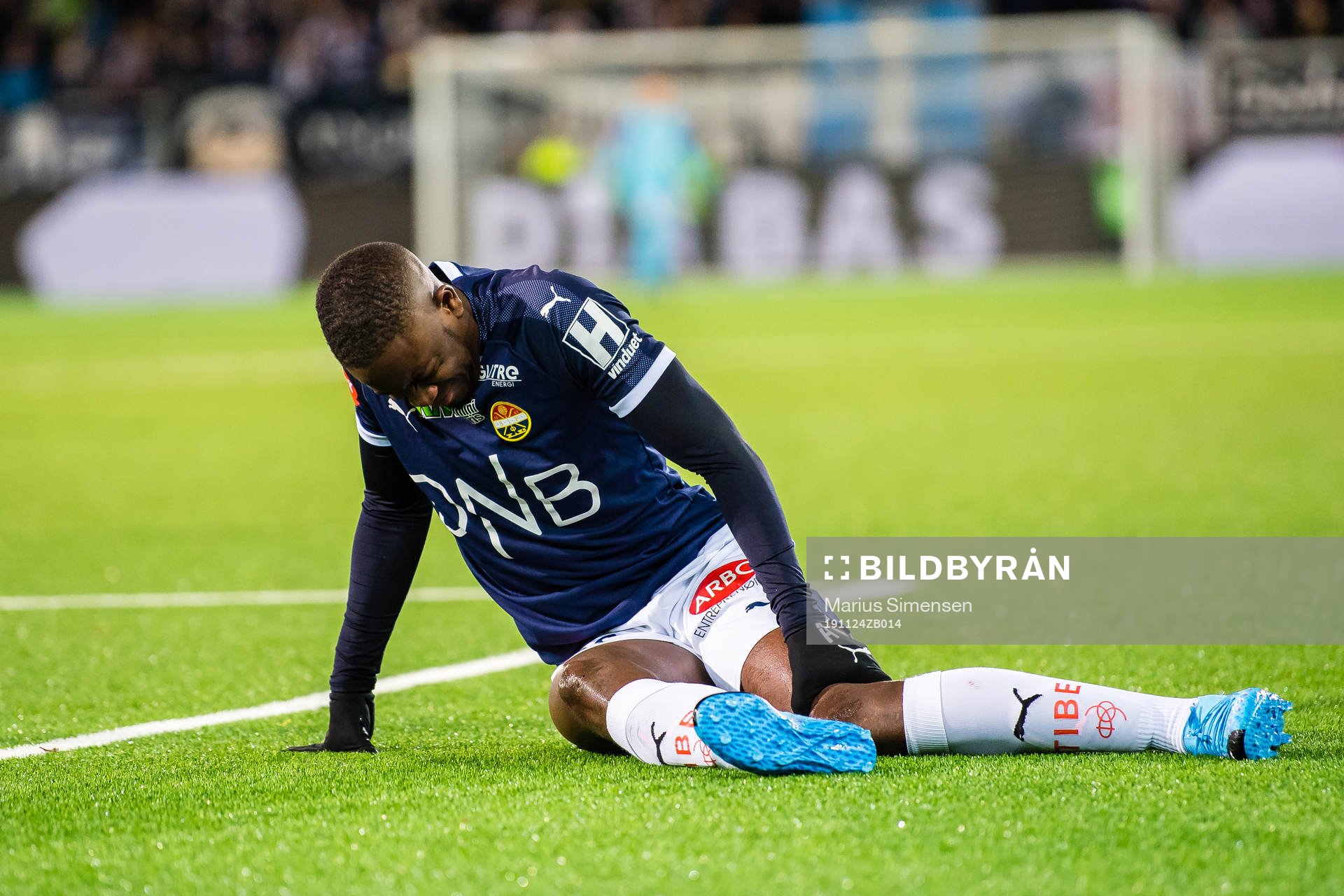Prosper Mendy of Strømsgodset in pain