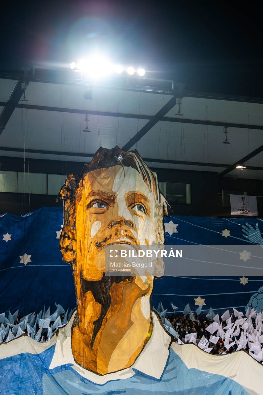 Supporters of Malmö FF with a tifo acclaiming Markus