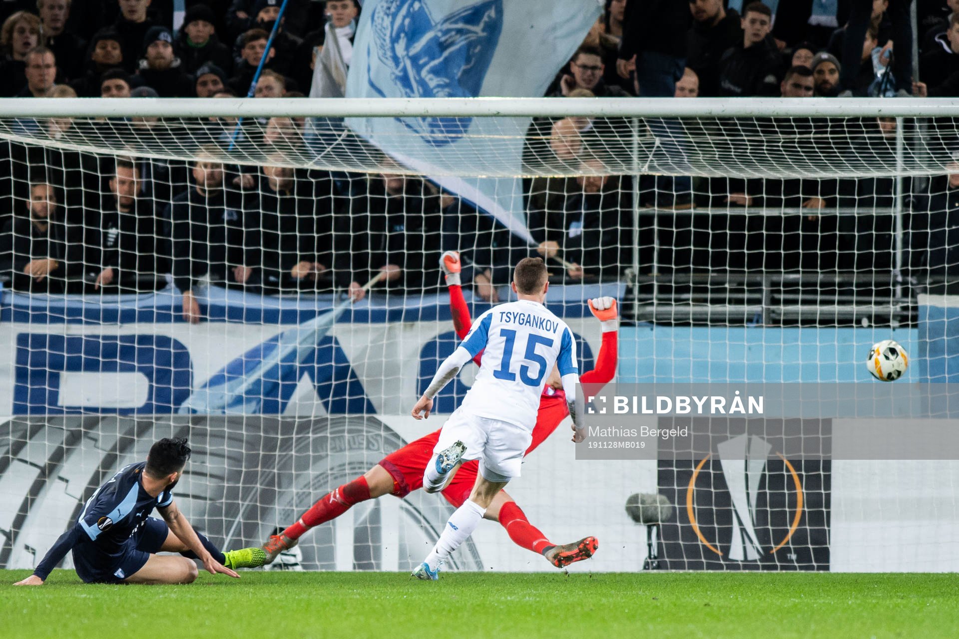 Viktor Tsyganov of Dynamo Kiev scores 1-2 behind goalkeeper