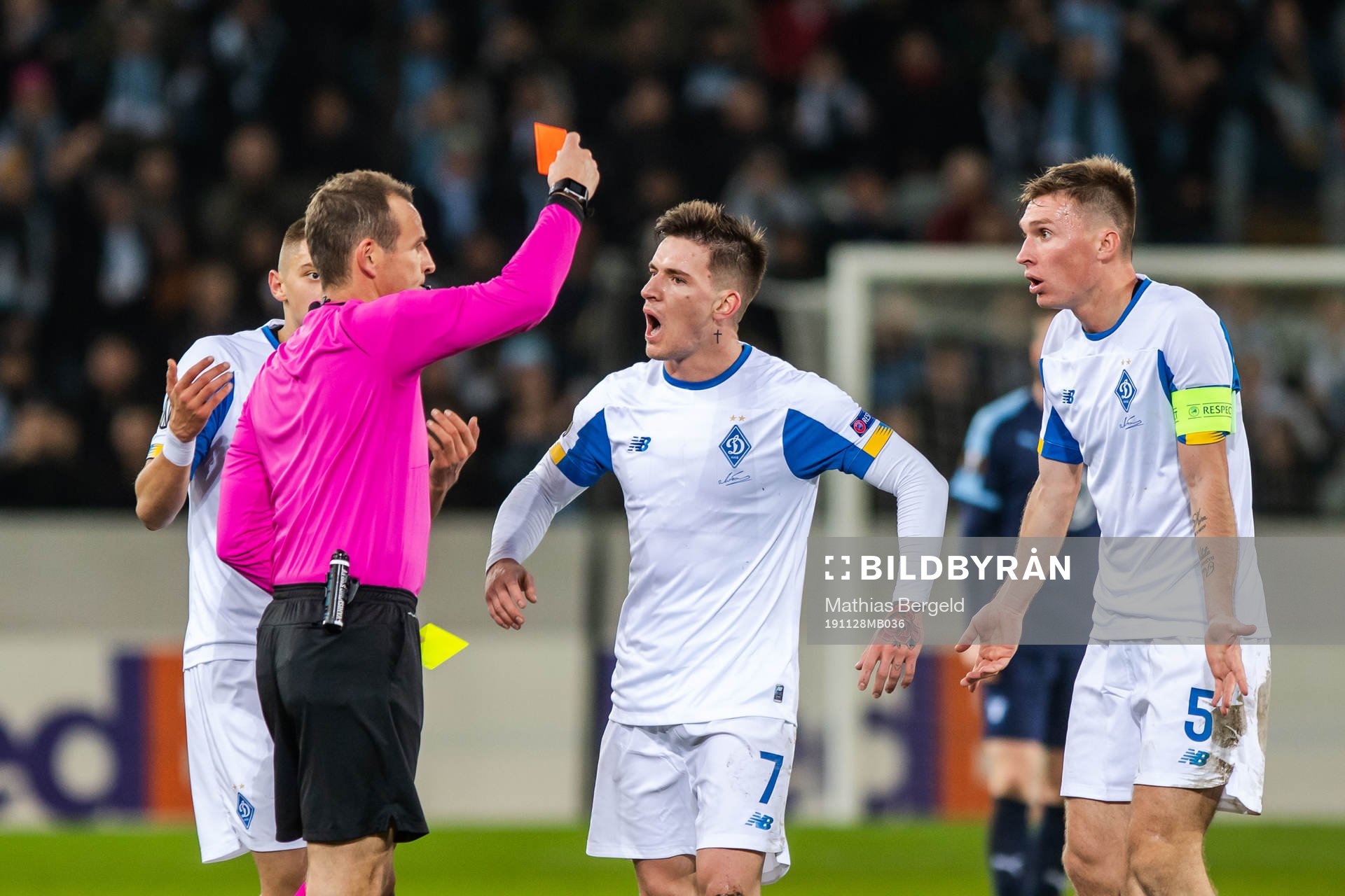 Serhiy Sydorchuk of Dynamo Kiev is shown a red card from