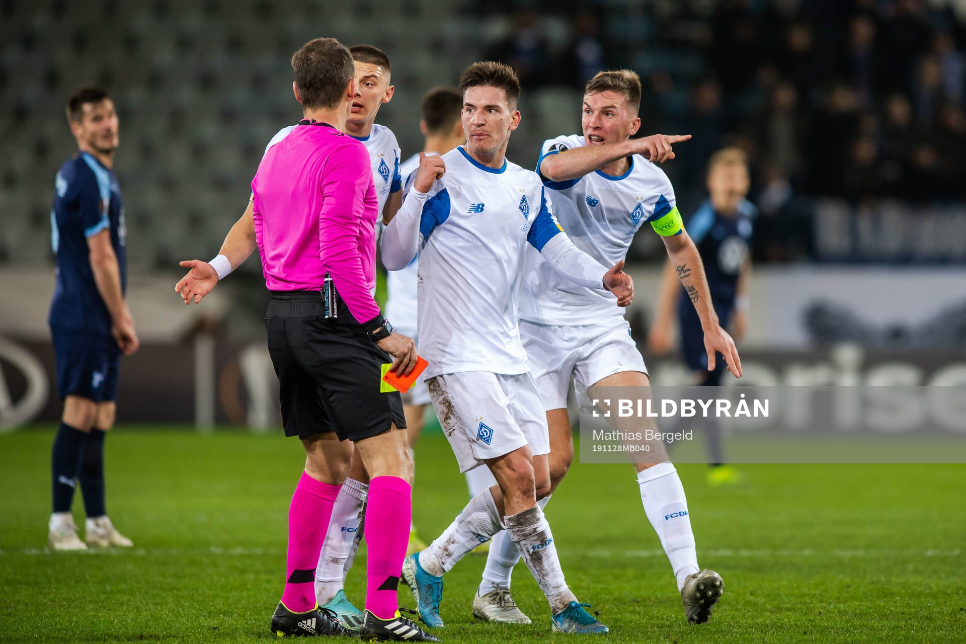 Serhiy Sydorchuk of Dynamo Kiev is shown a red card from