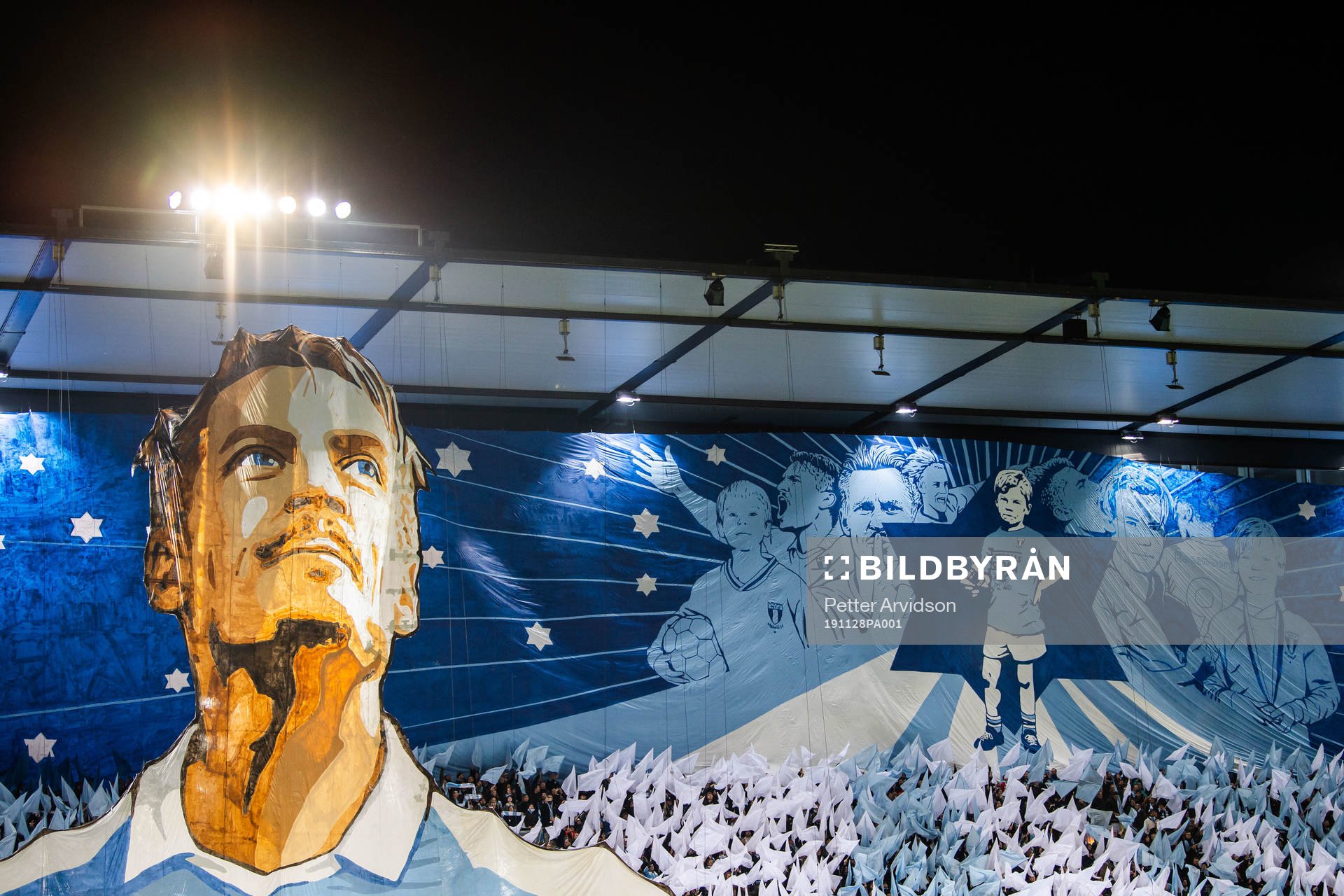 Supporters of Malmö FF with a tifo acclaiming Markus Rosenberg ahead of the Europa league match between Malmö FF and Dynamo Kiev on November 28, 2019 in Malmö.