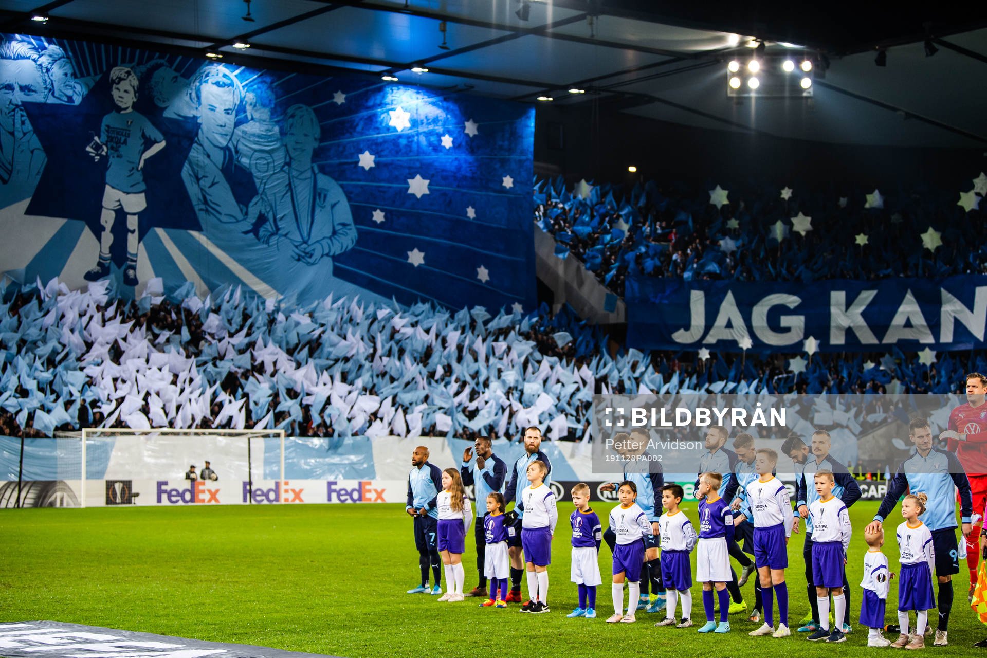 Supporters of Malmö FF with a tifo acclaiming Markus