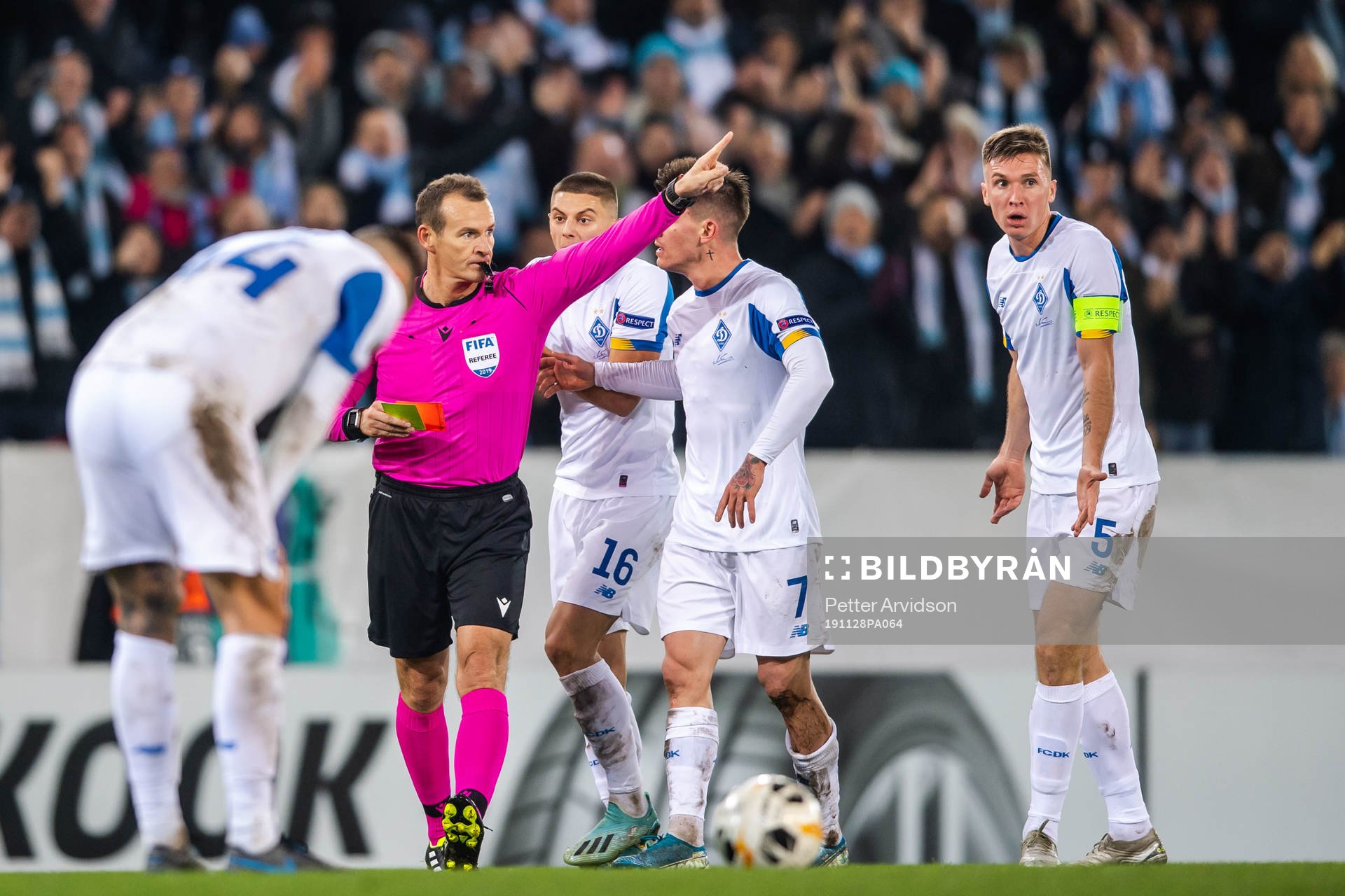 Serhiy Sydorchuk of Dynamo Kiev is shown a red card from