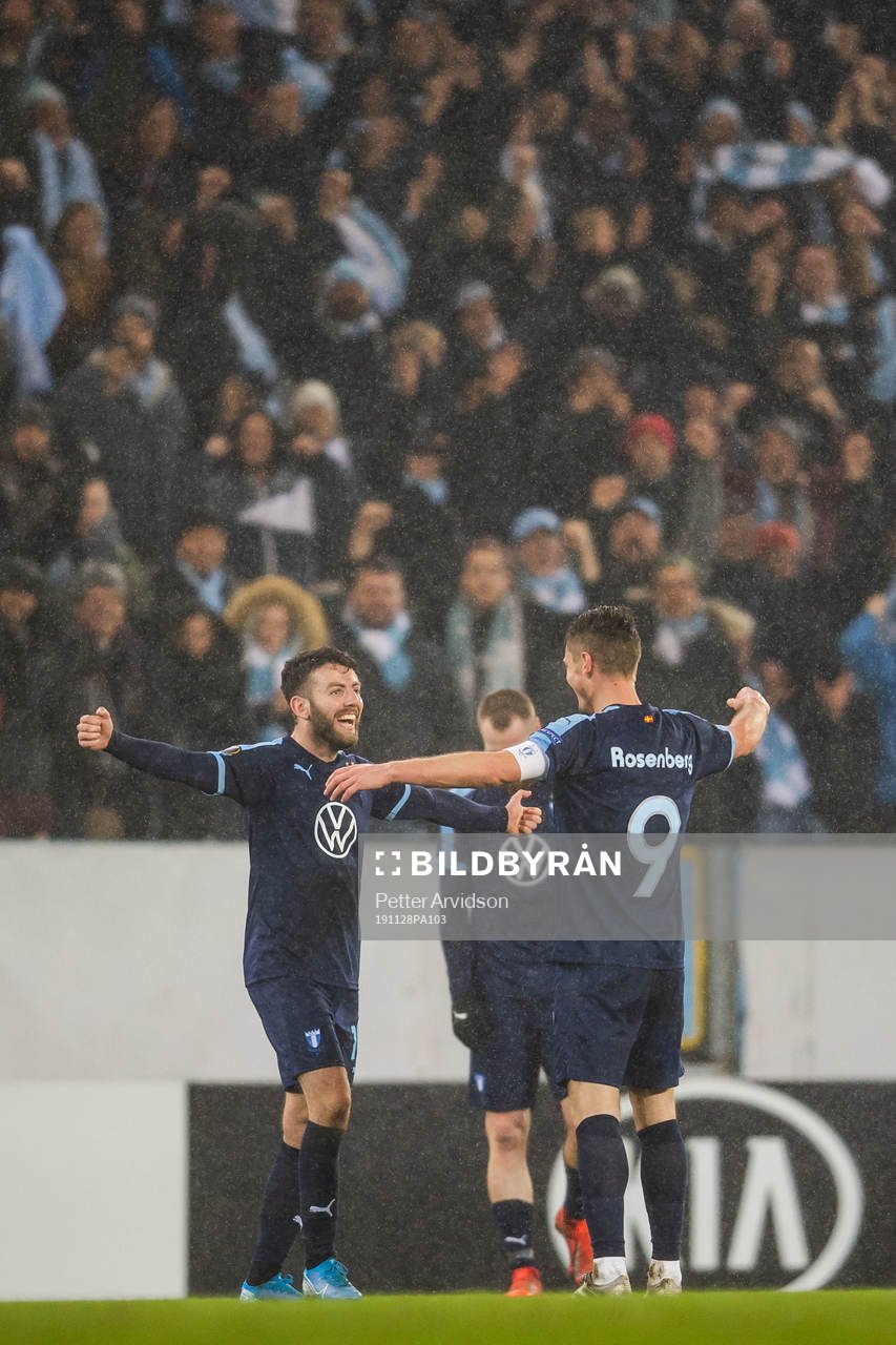Erdal Rakip and Markus Rosenberg of Malmö FF celebrate