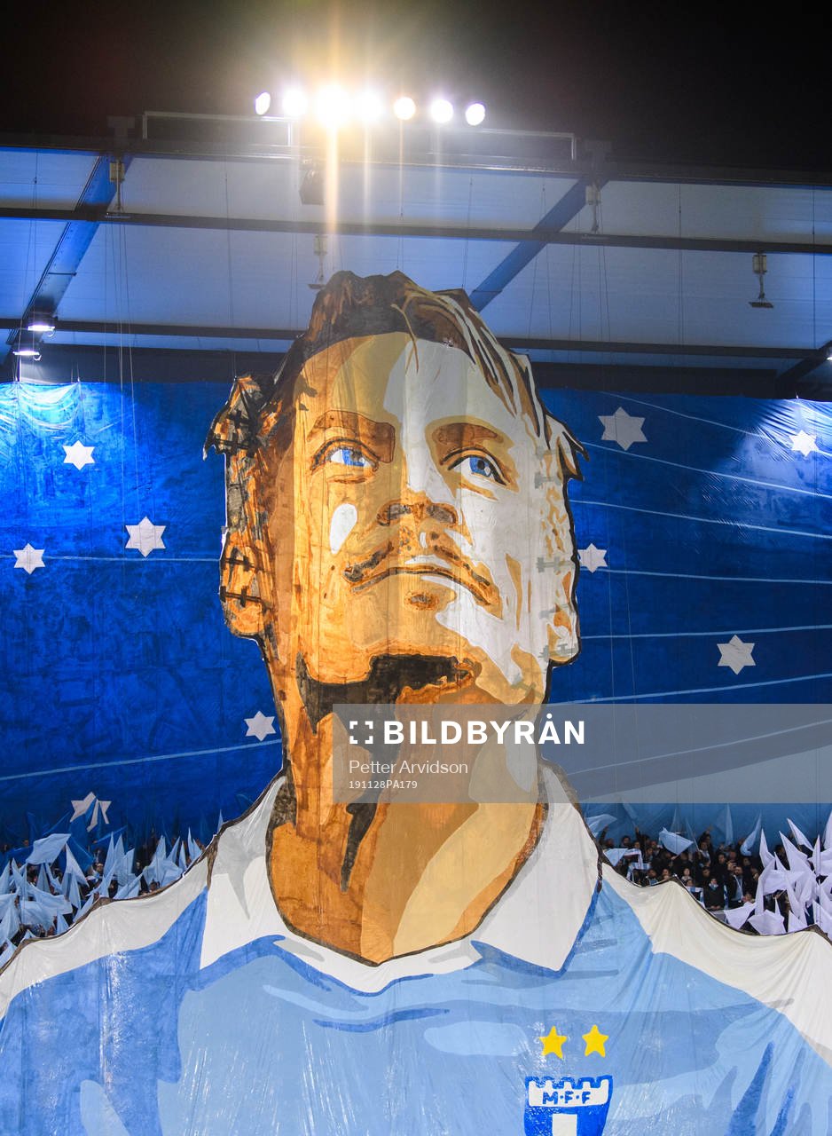 Supporters of Malmö FF with a tifo acclaiming Markus