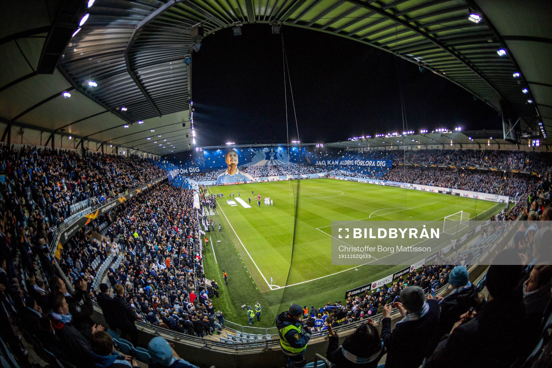 Supporters of Malmö FF with a tifo acclaiming Markus Rosenberg ahead of the Europa league match between Malmö FF and Dynamo Kiev on November 28, 2019 in Malmö.