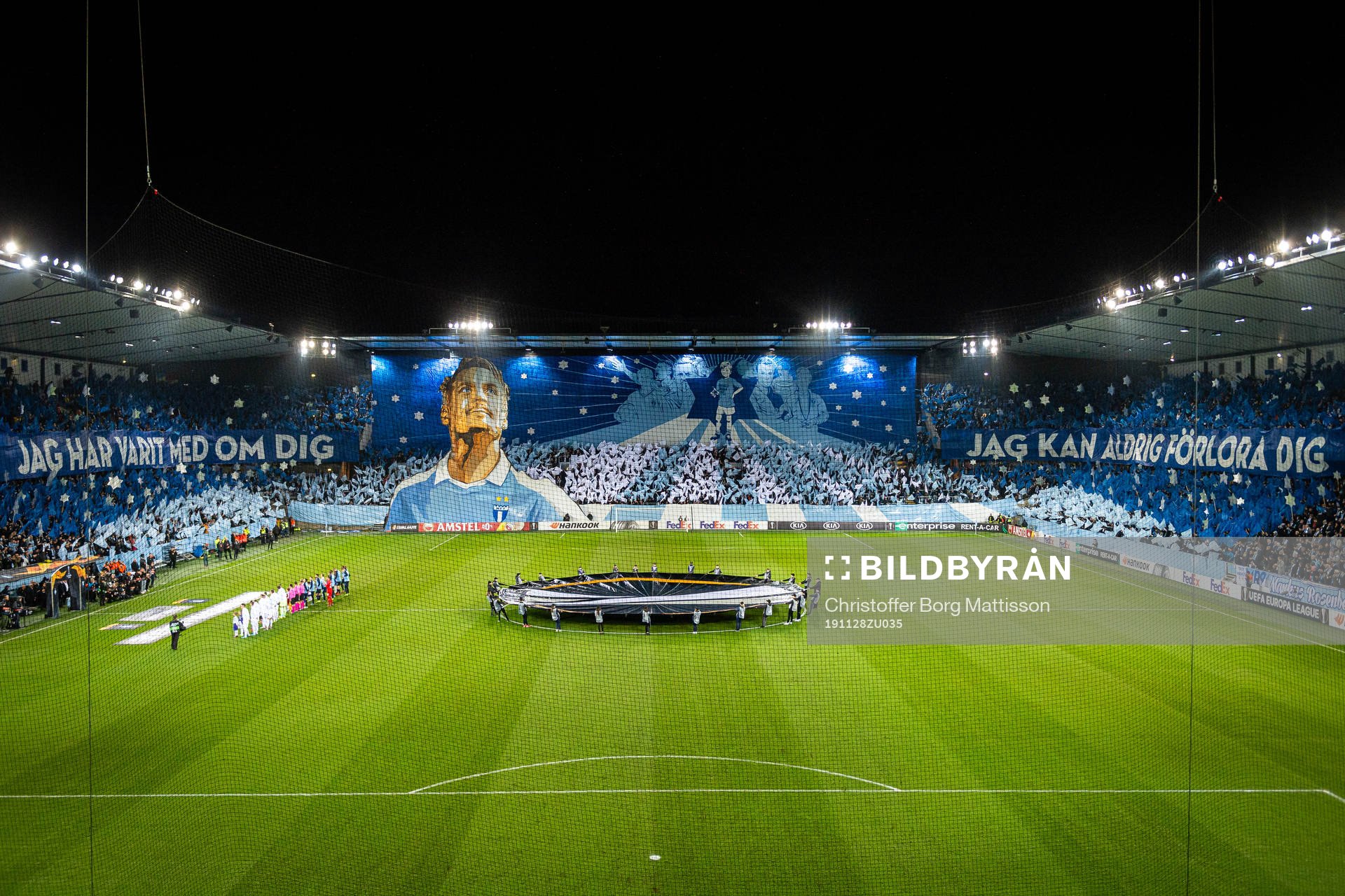 Supporters of Malmö FF with a tifo acclaiming Markus