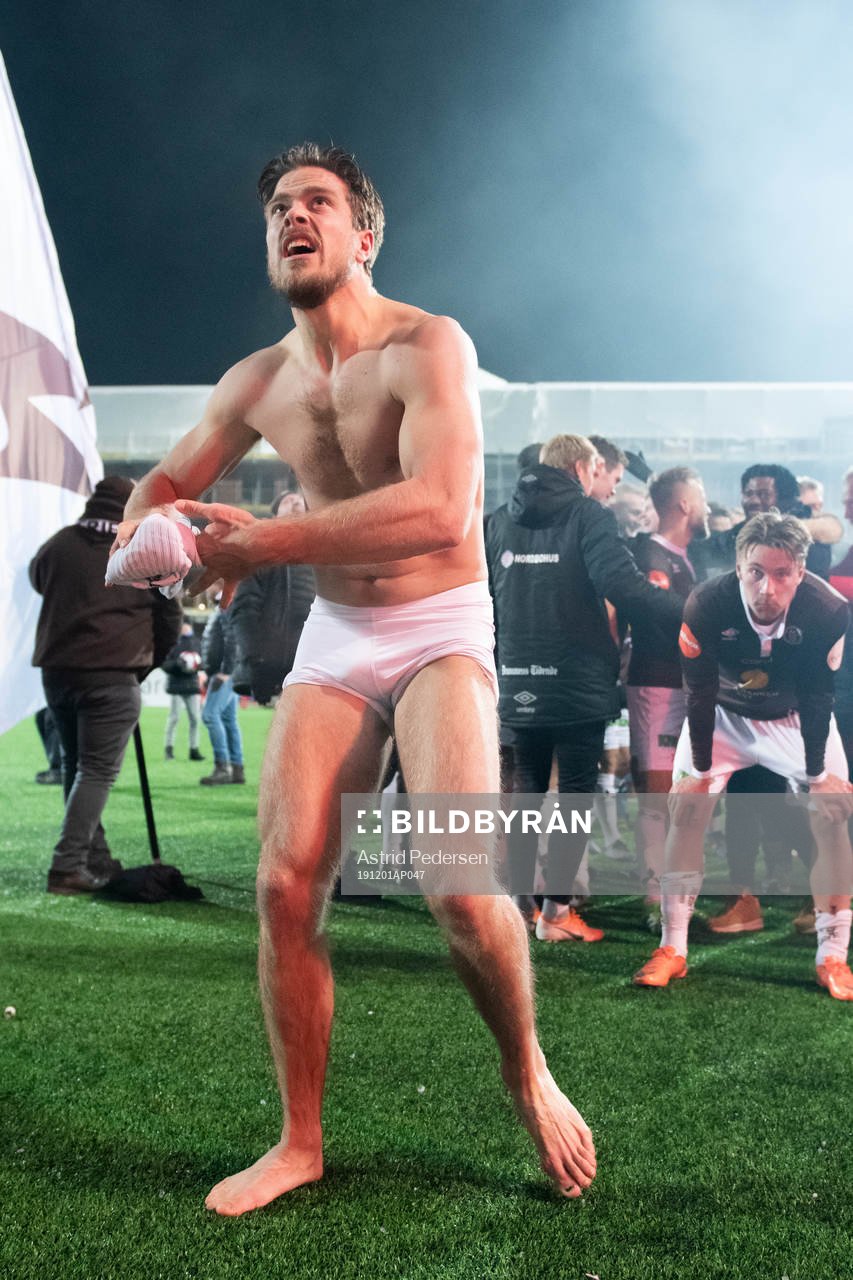 Sondre Solholm Johansen of Mjøndalen celebrates